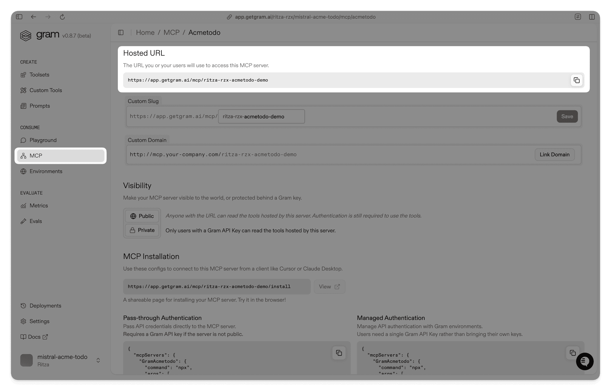 Screenshot showing the MCP server config dialog for the Acme To-Do toolset