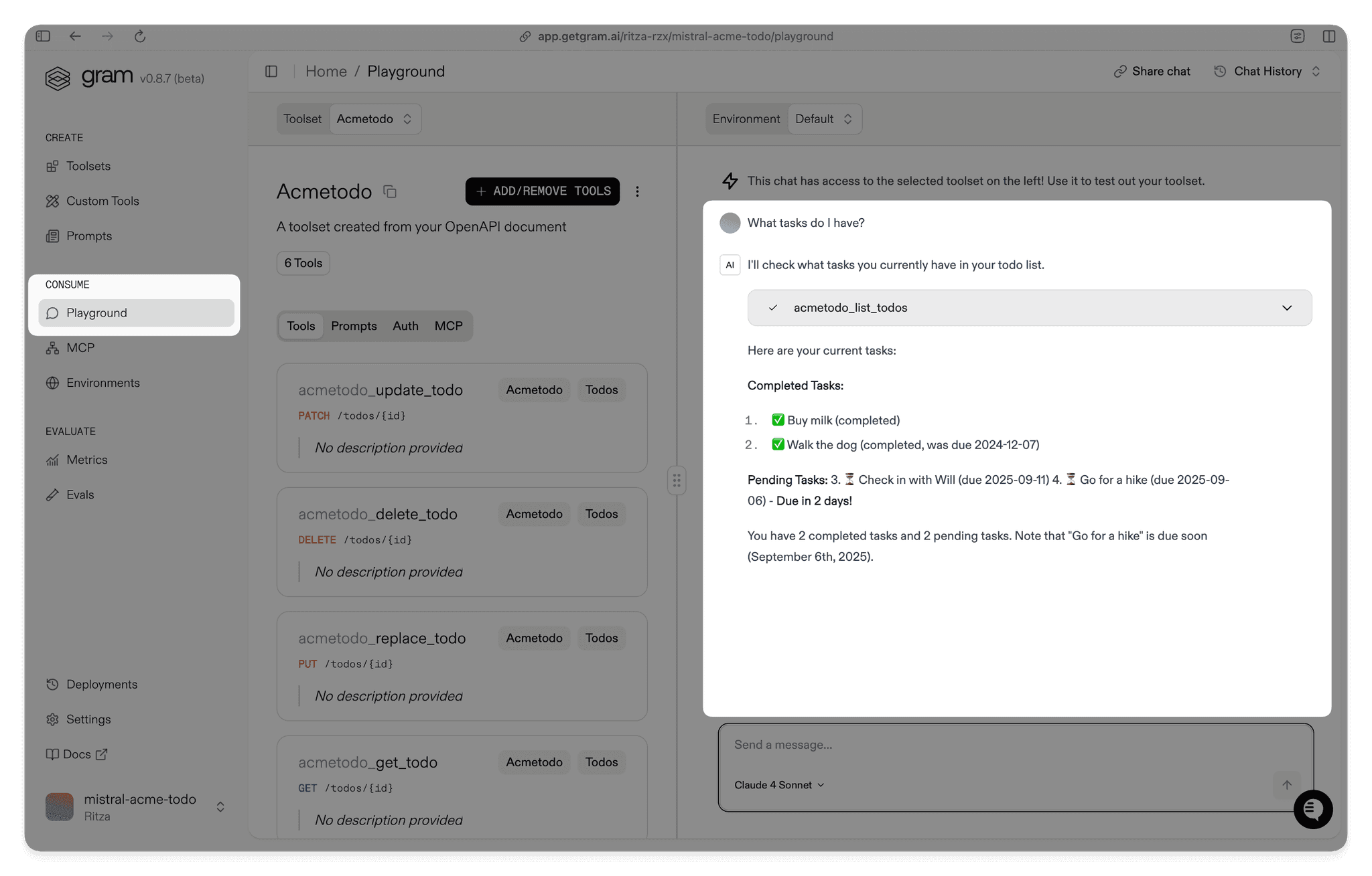 Screenshot showing how to test an MCP server in the Gram Playground