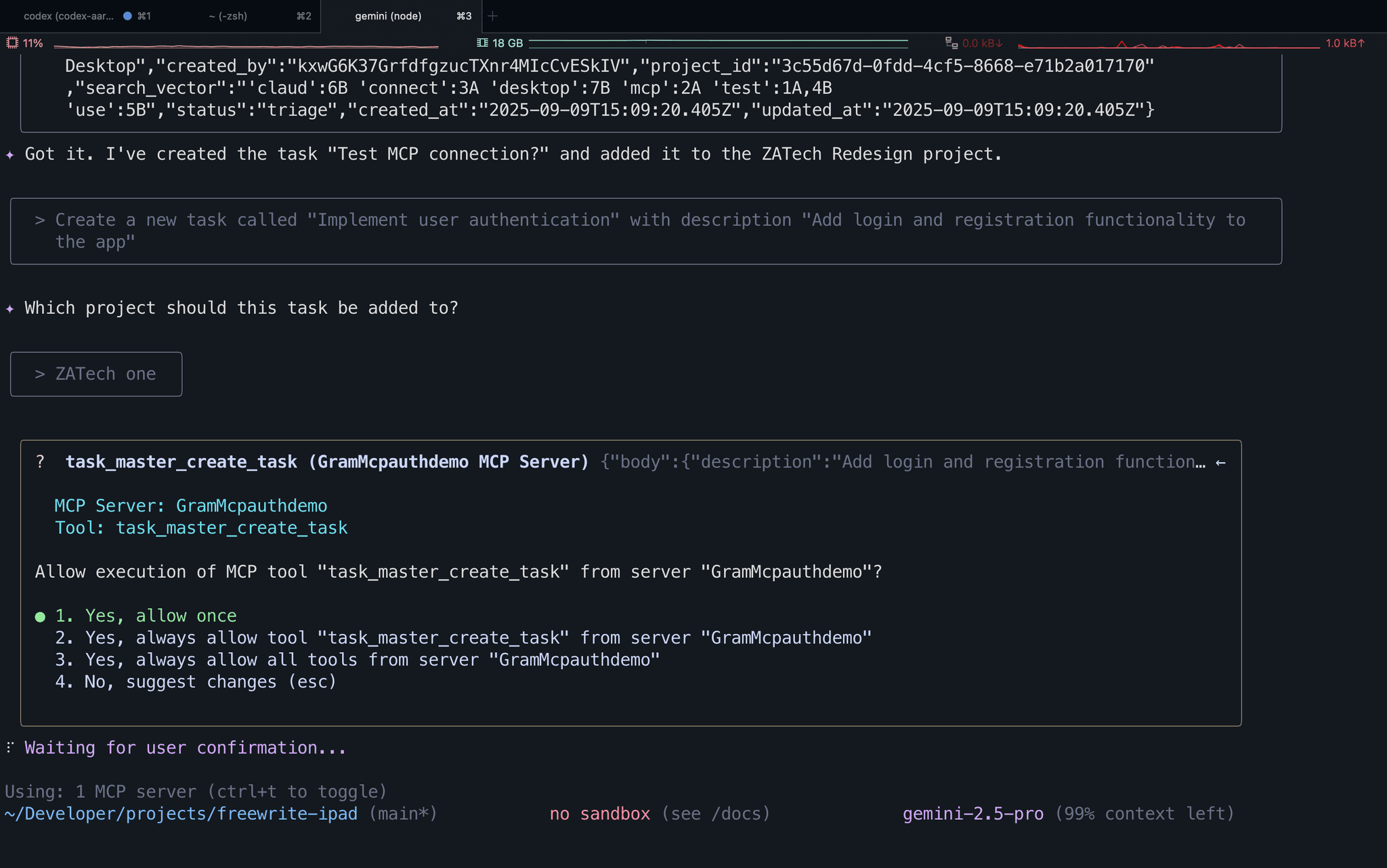 Screenshot showing Gemini CLI's tool permission prompt when requesting to use an MCP tool