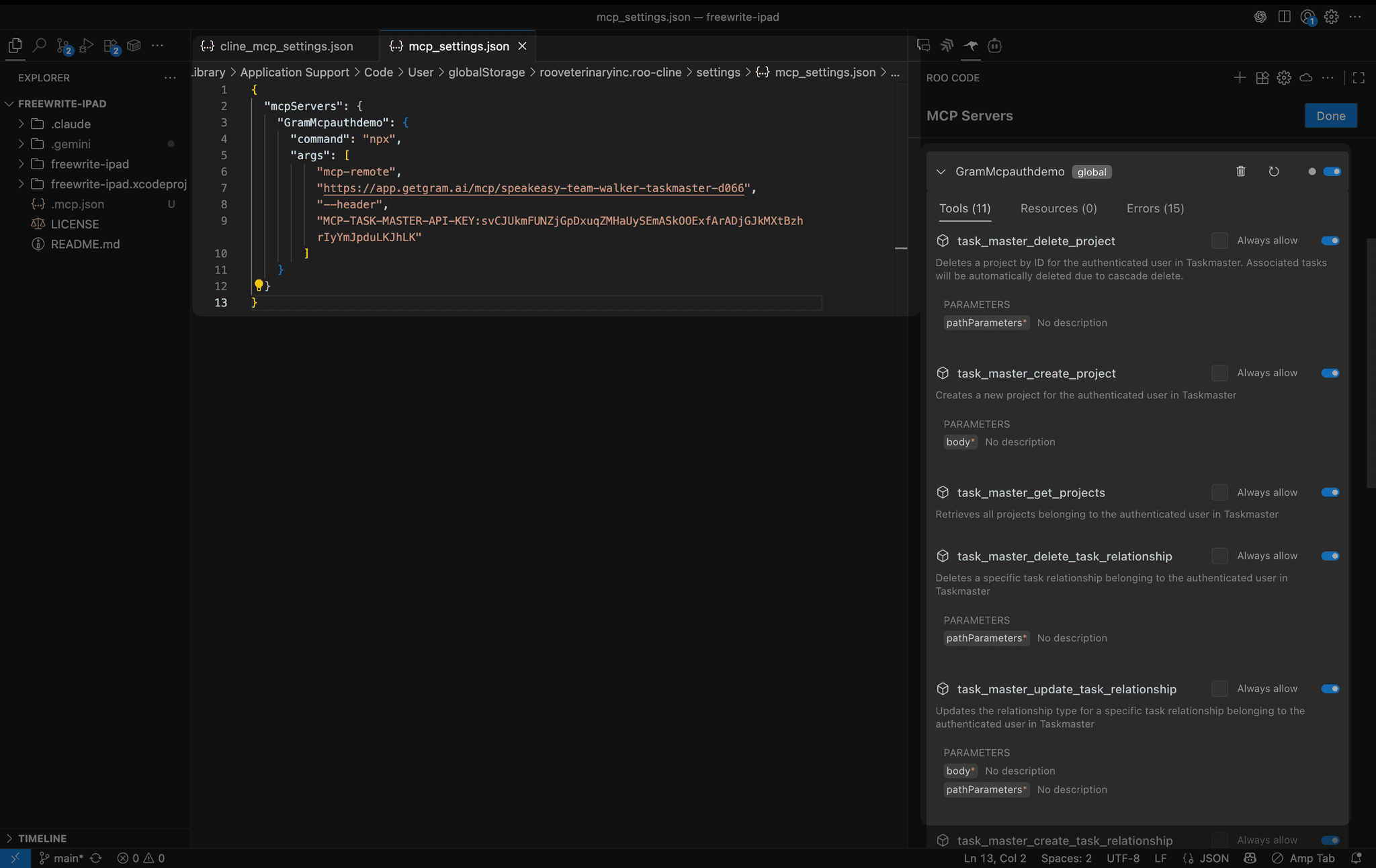 Screenshot showing the Roo Code MCP server list