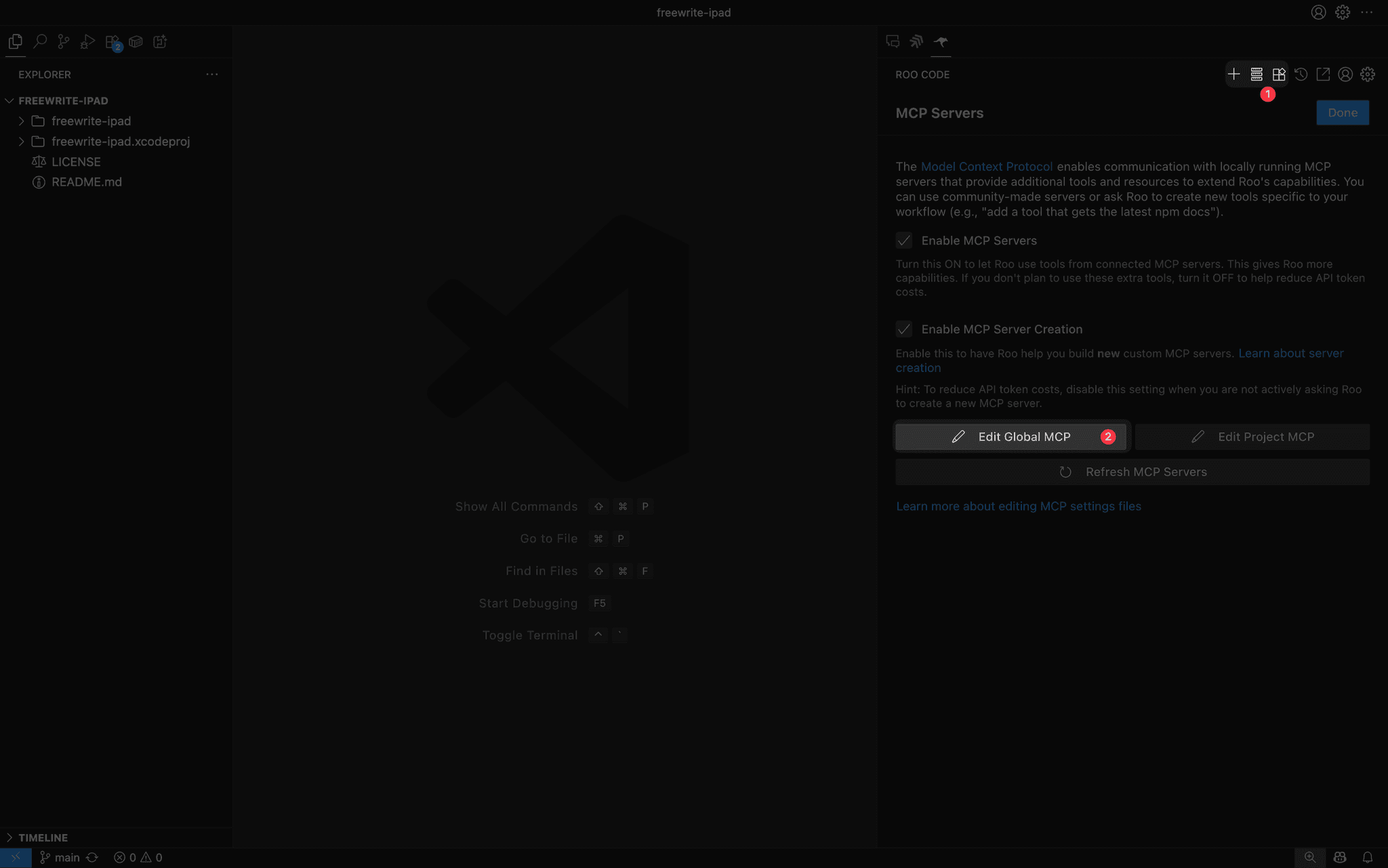 Screenshot showing the Roo Code Edit Global MCP button