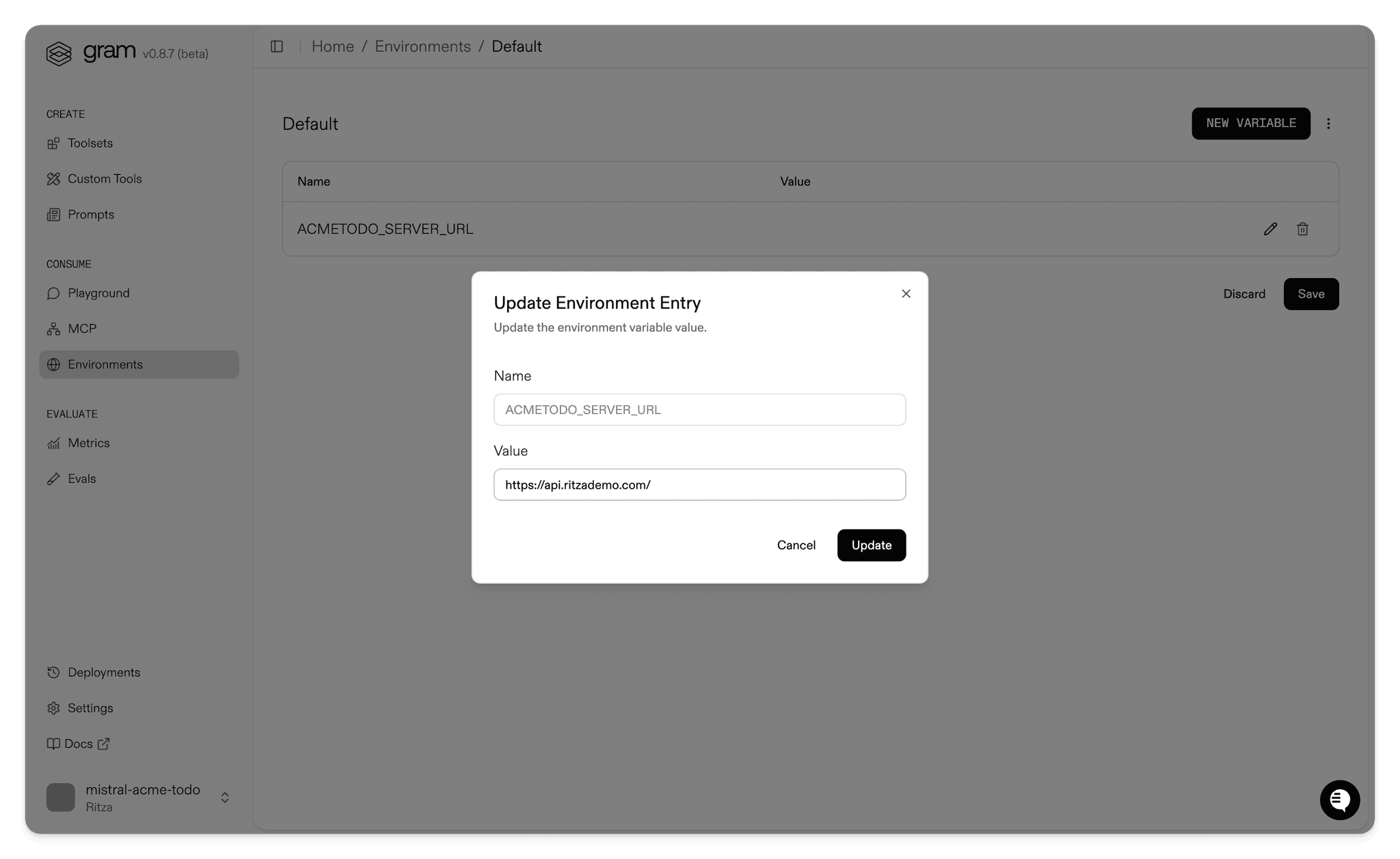 Screenshot showing setting the server URL environment variable
