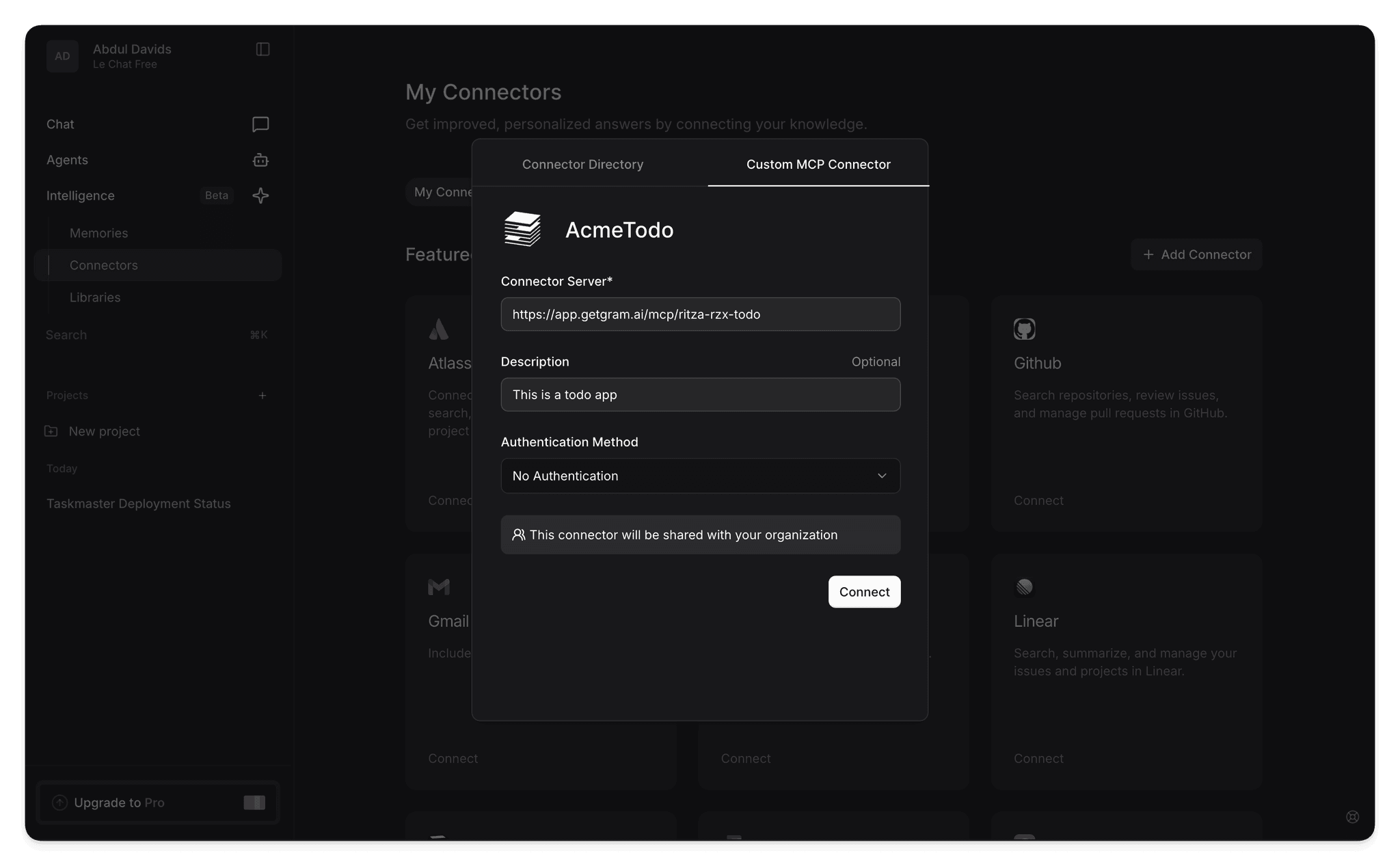 Screenshot showing the Mistral Add Custom Connector dialog