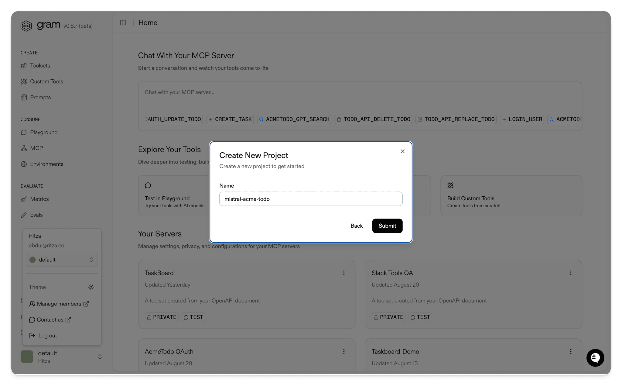 Screenshot of the Gram dashboard showing the New Project link
