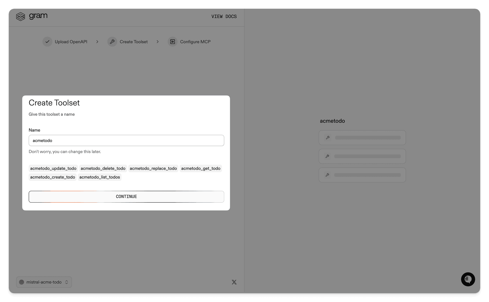 Screenshot of the create toolset dialog