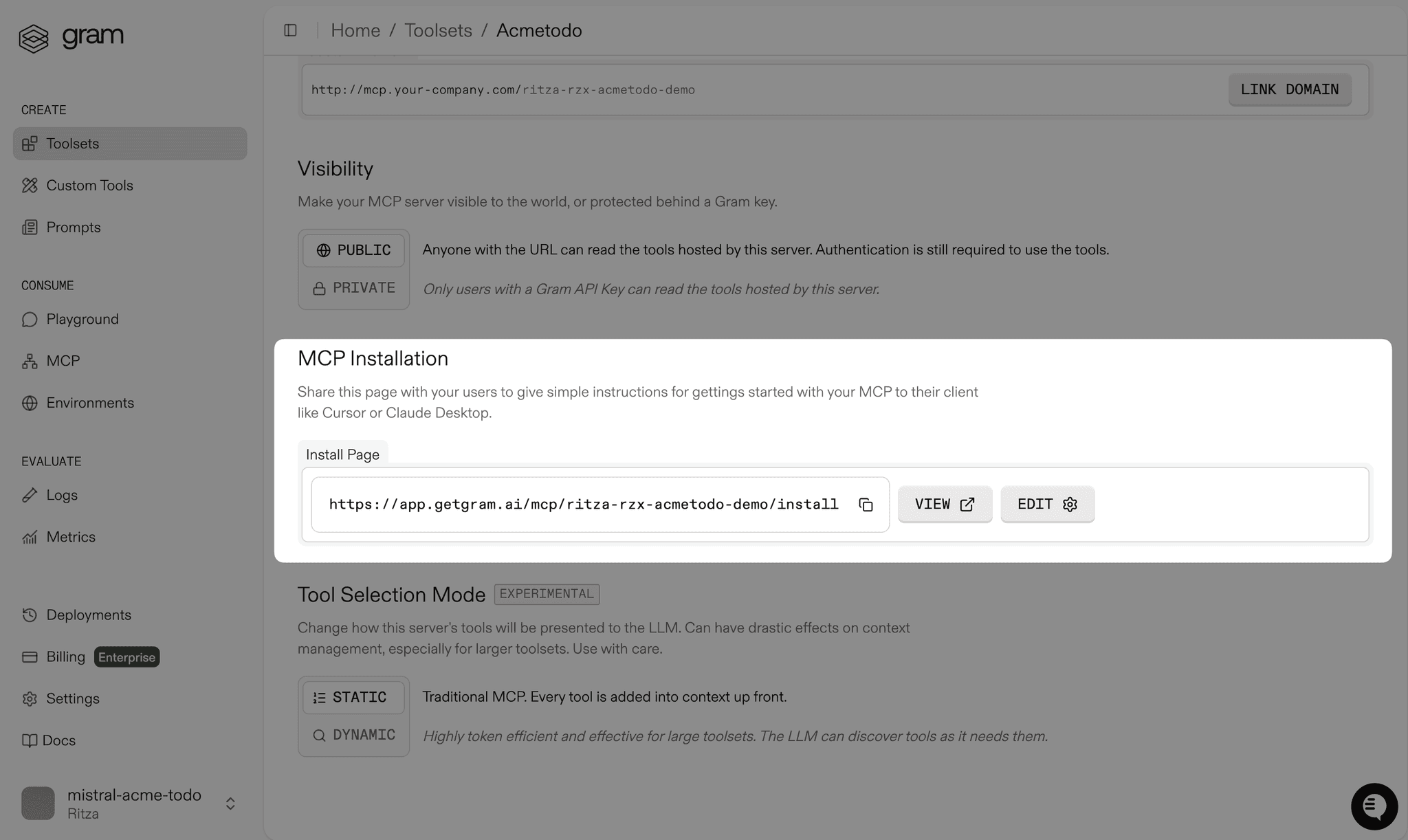 Screenshot showing the MCP server config dialog for the Acme Todo toolset