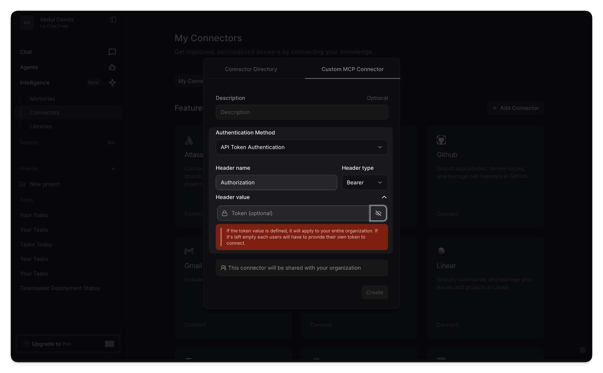 Screenshot showing the Mistral Add Custom Connector dialog with API Token Authentication selected