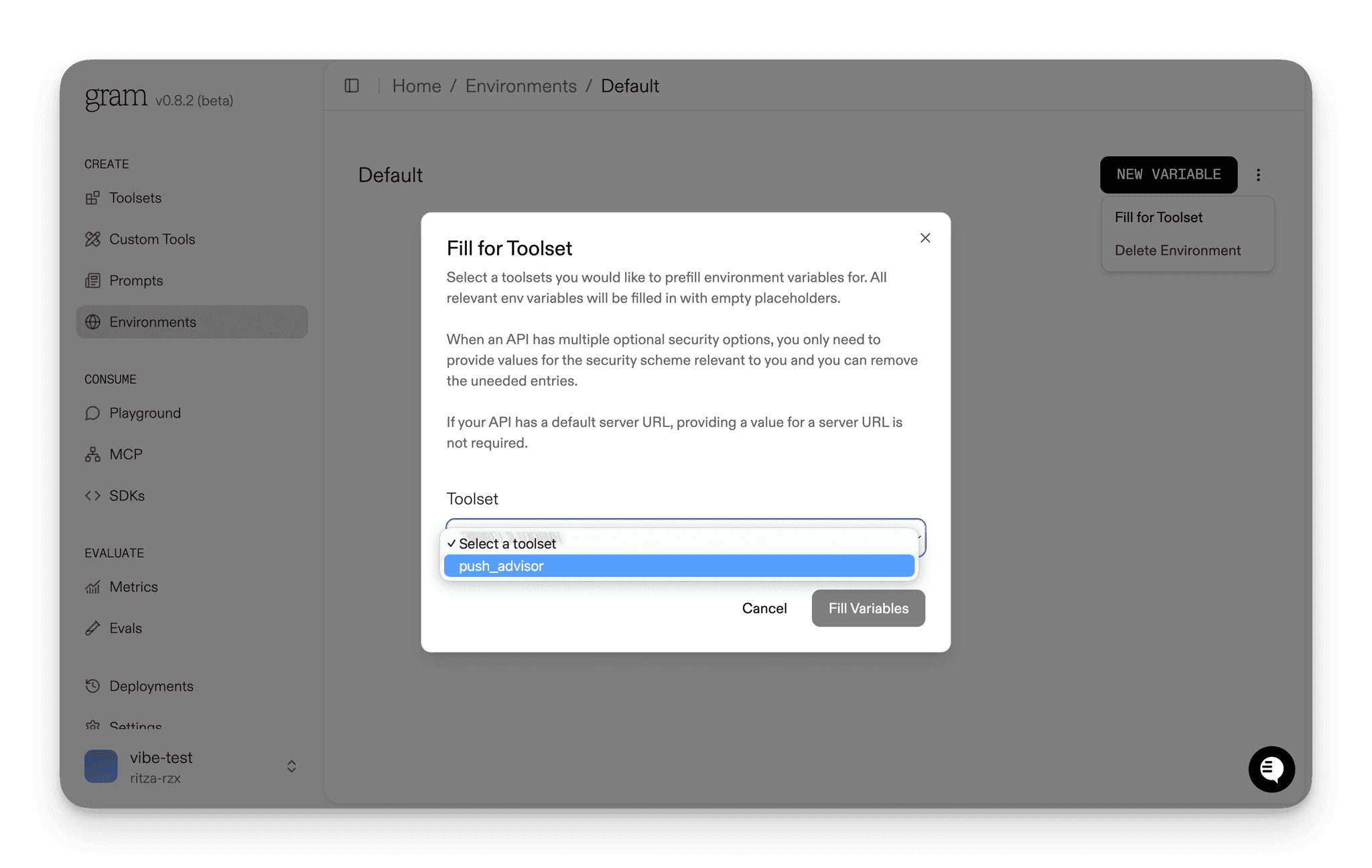Screenshot showing the fill for toolset dialog to automatically populate required variables
