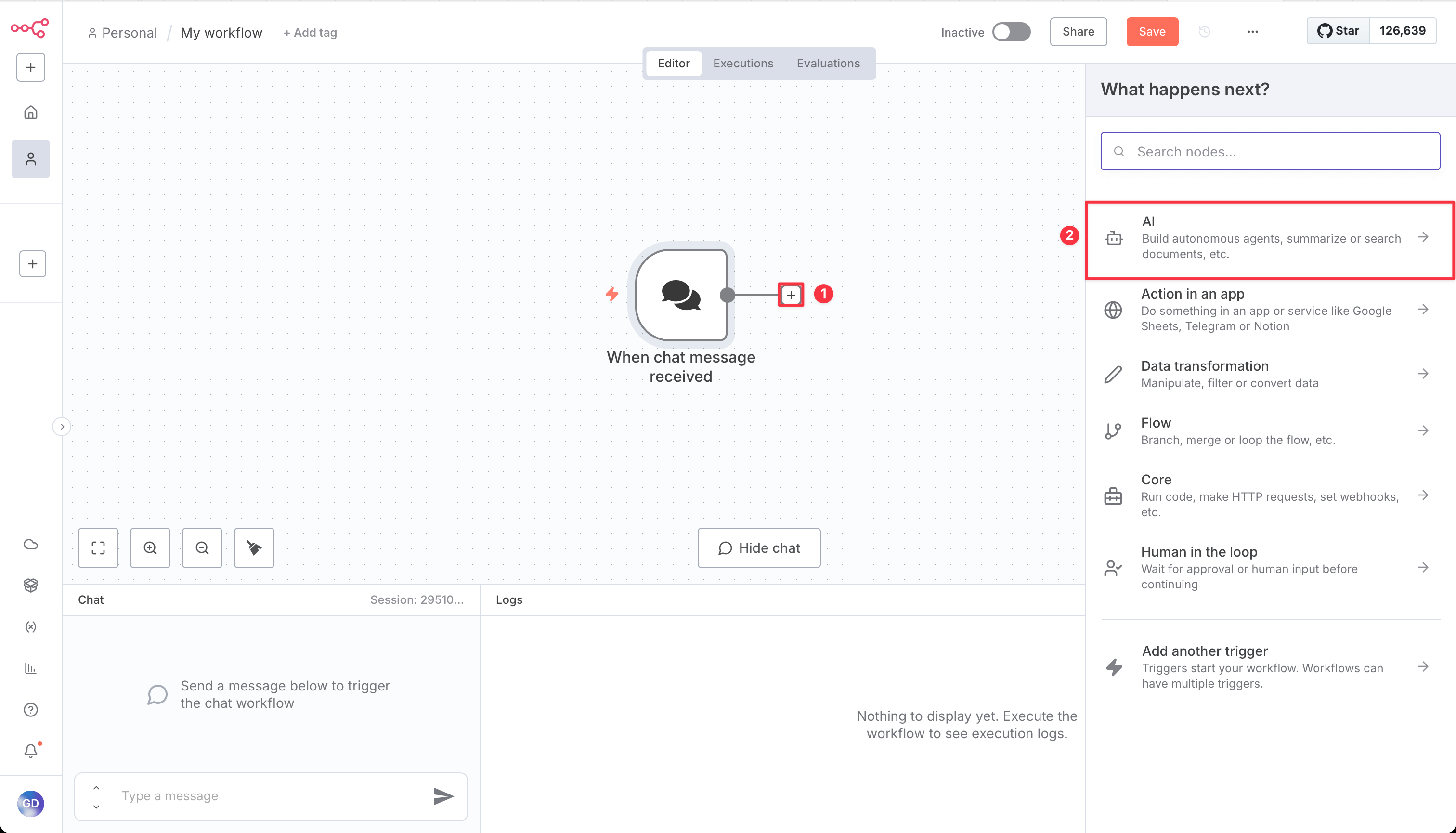 Screenshot showing how to add an AI Agent node in n8n