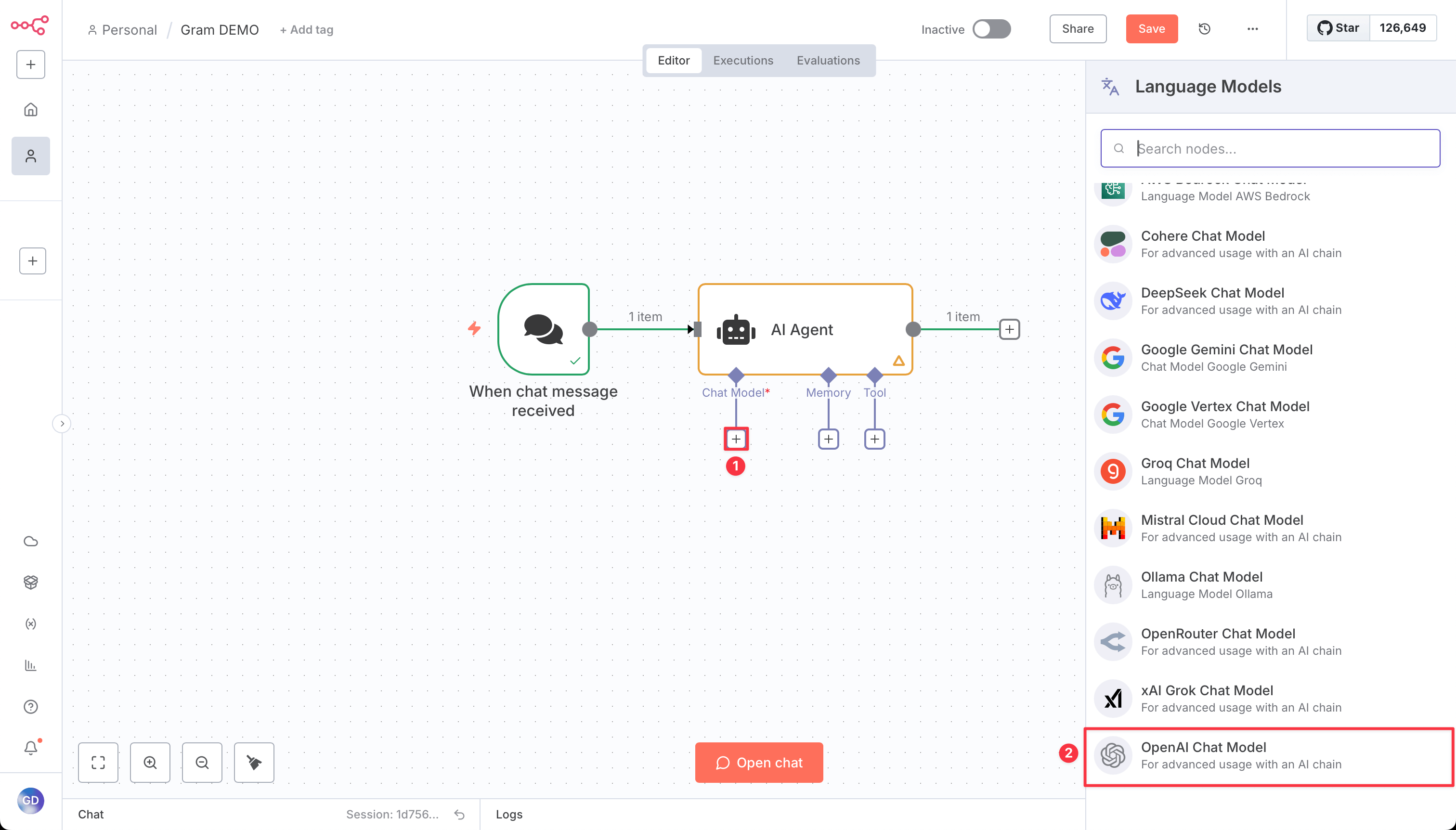 Screenshot showing how to add a chat model in n8n