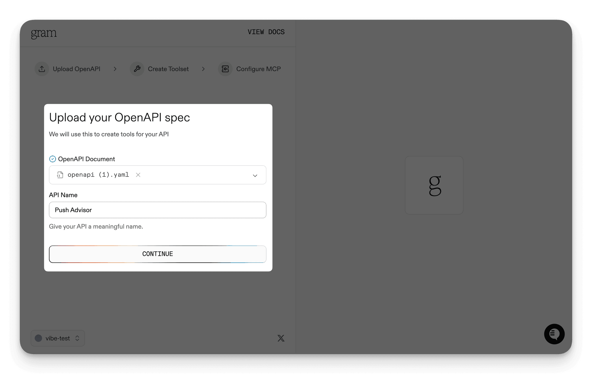 Screenshot of the upload your OpenAPI spec dialog