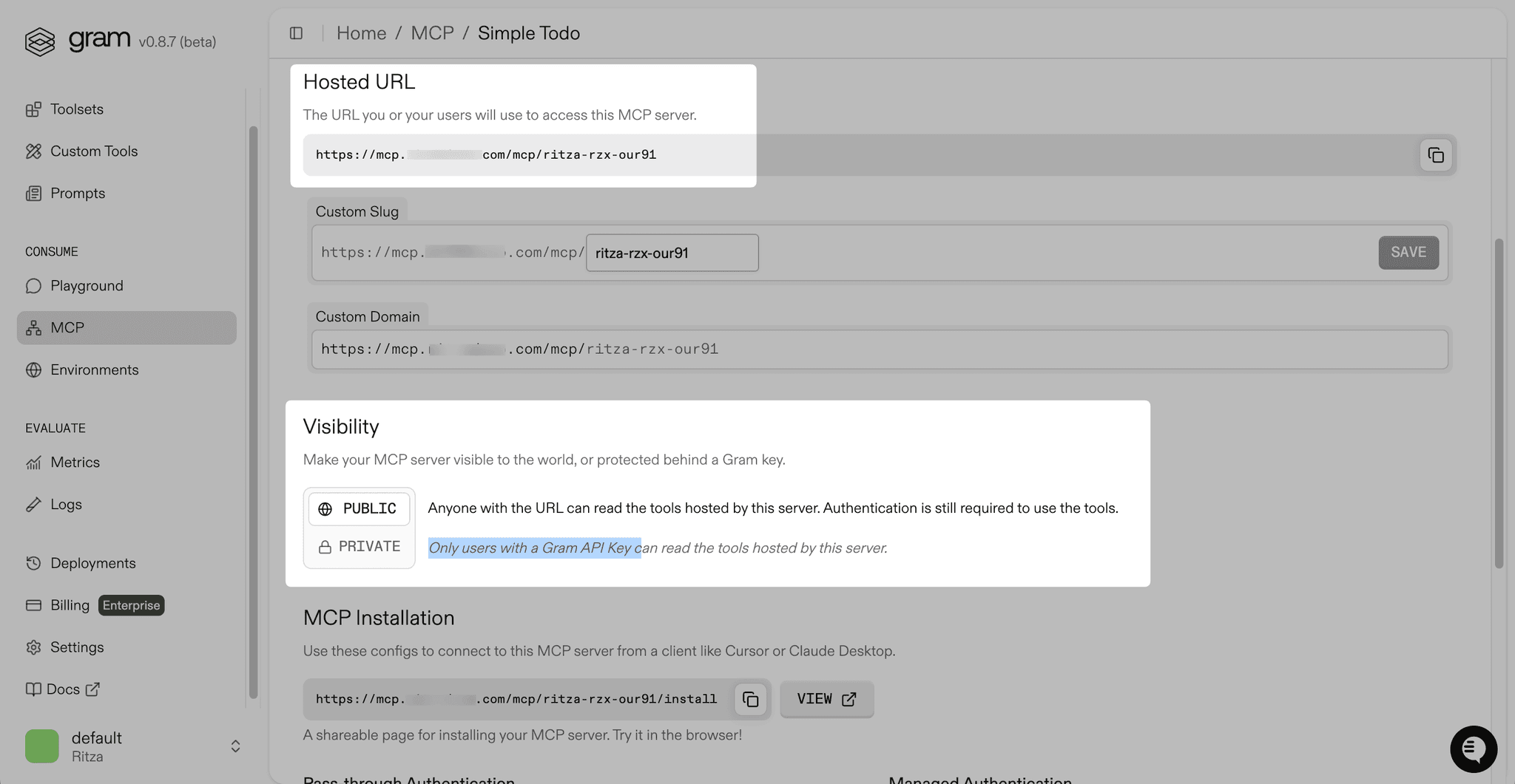 GramMCP server details page