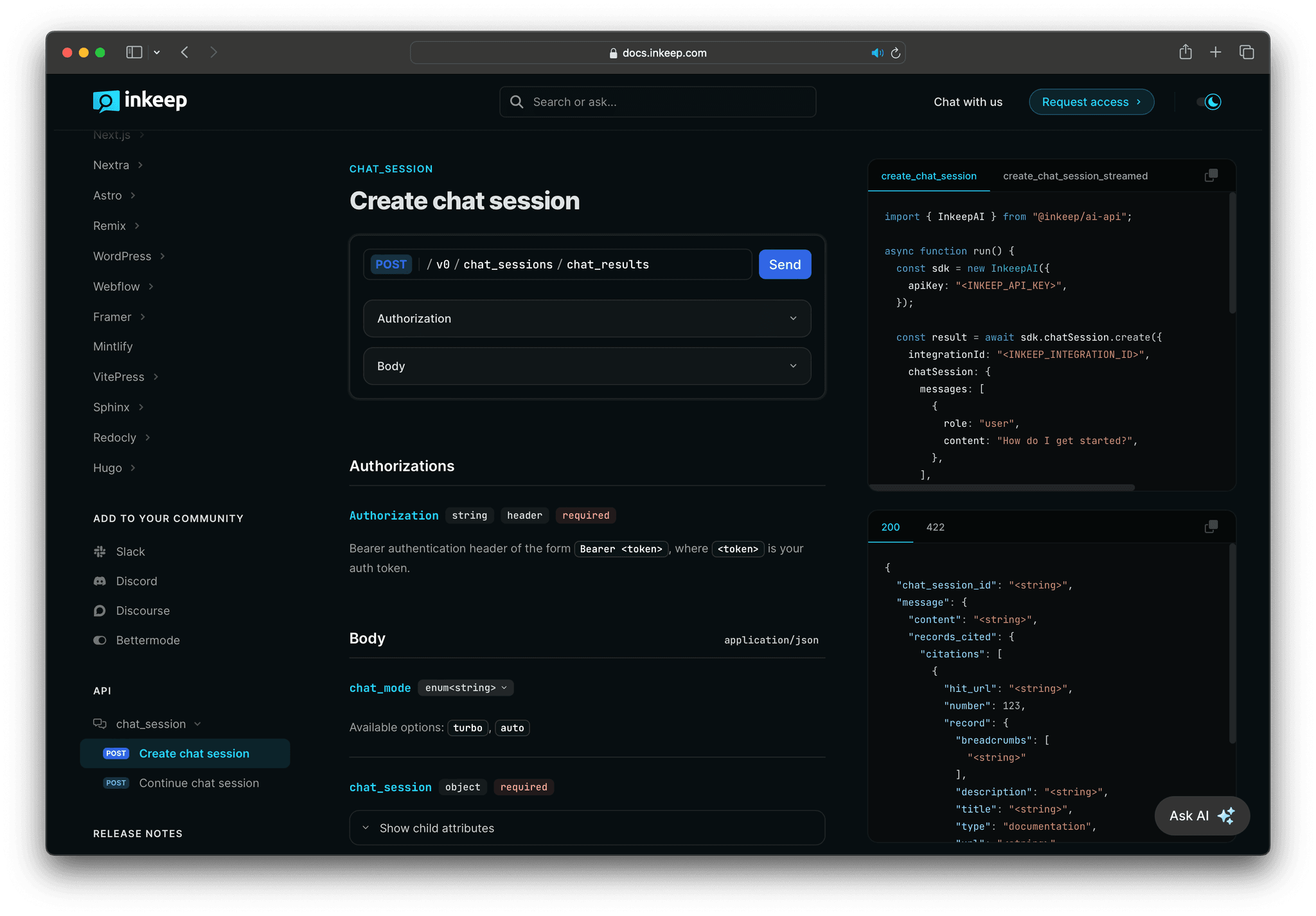 Screenshot of Inkeep's API docs showing featured SDK usage.