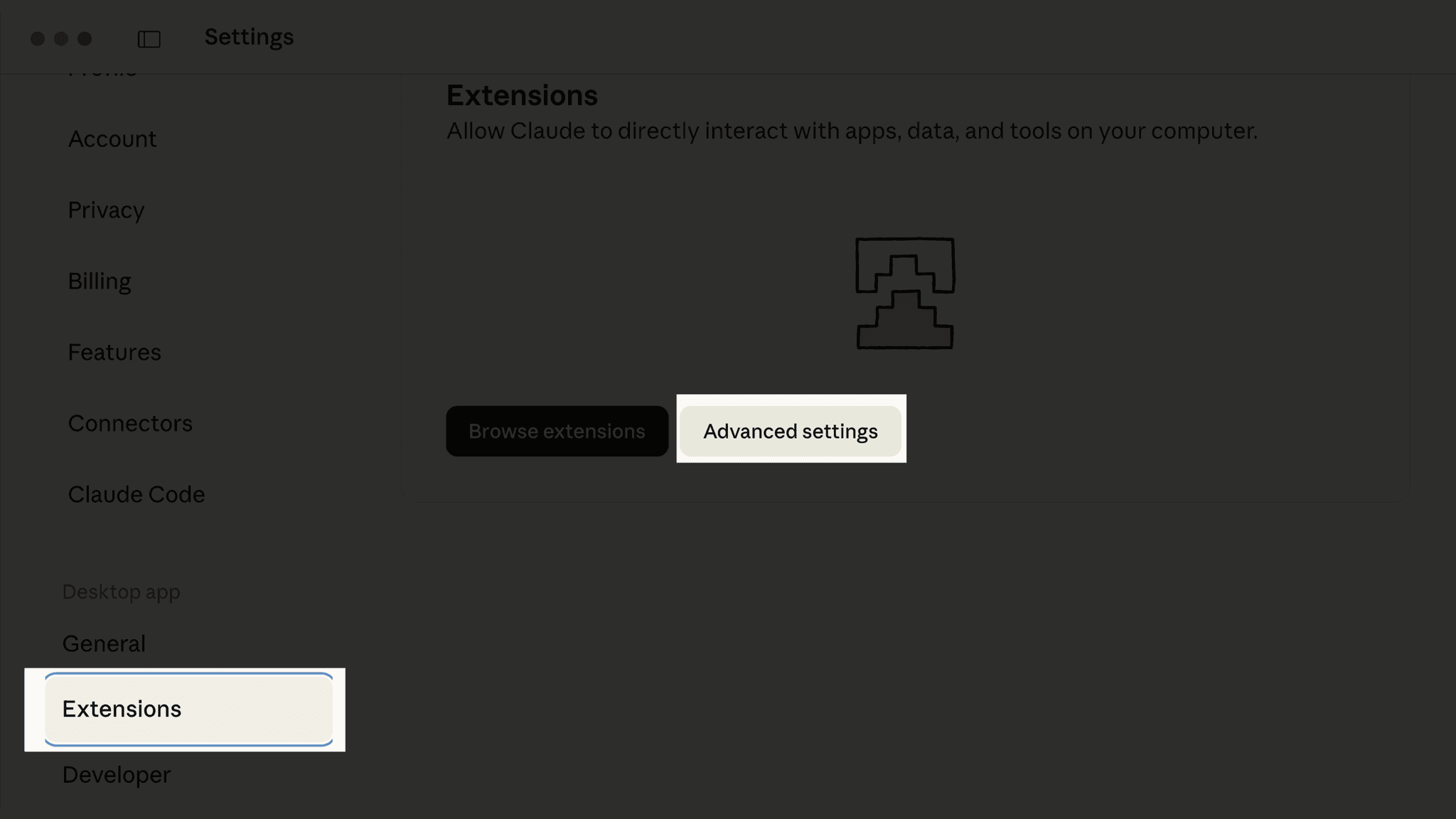 Advanced settings button