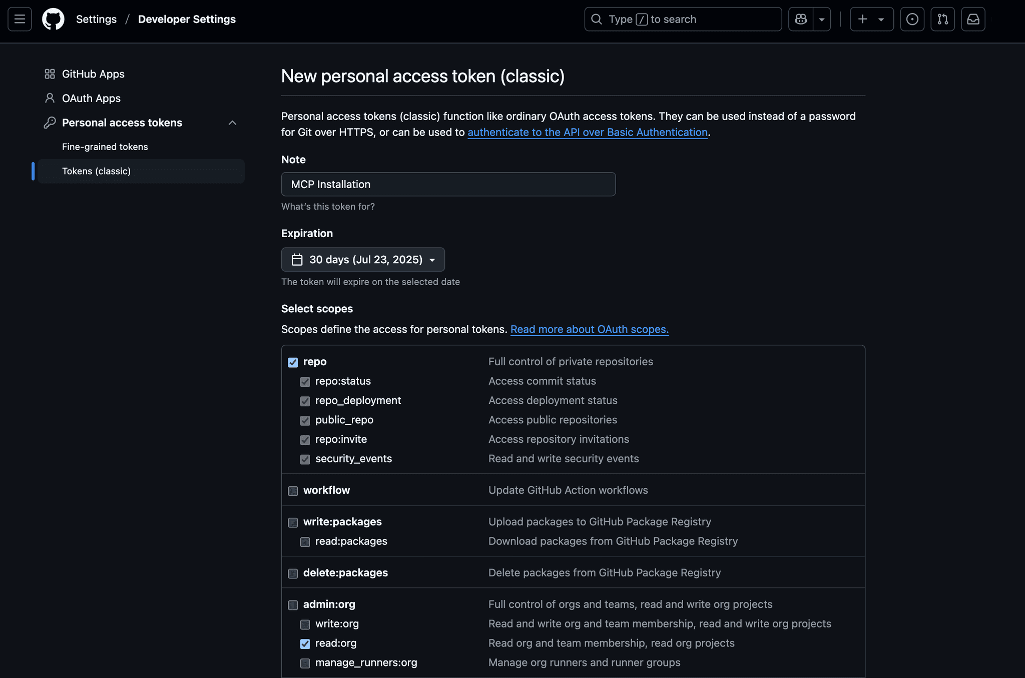 A screenshot shows the creation of a GitHub personal access token.