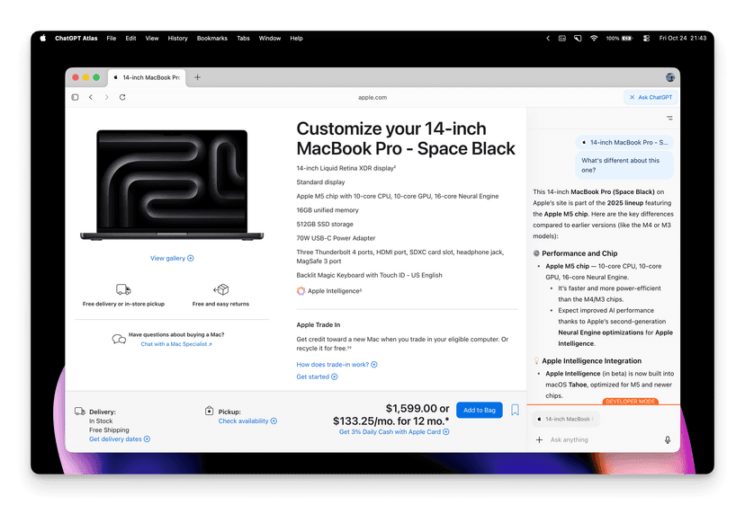 ChatGPT Atlas browser interface showing integrated AI assistance while browsing