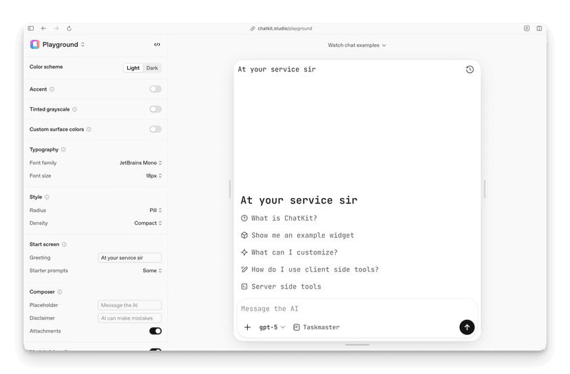 ChatKit Studio interface showing configuration options and live preview panel