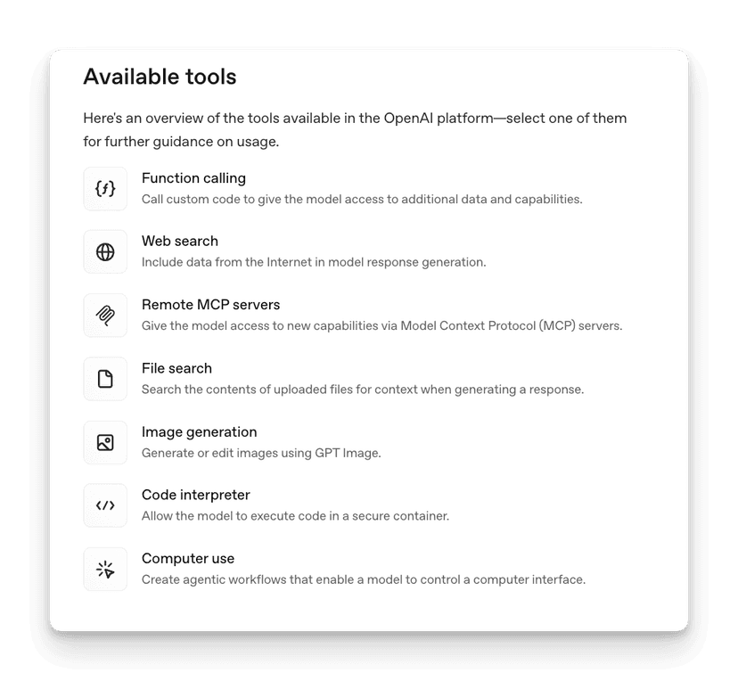 OpenAI built-in search and fetch tools interface showing web search capabilities