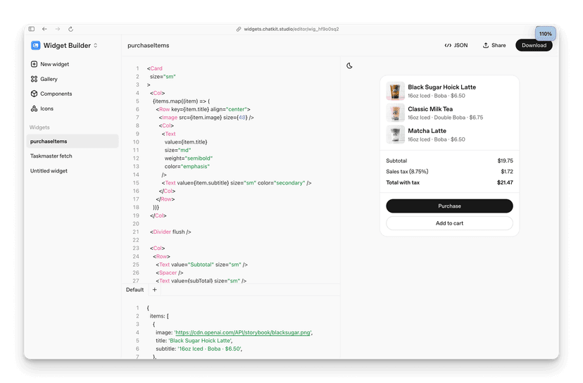 Widget Builder interface showing rich UI component creation for MCP tools