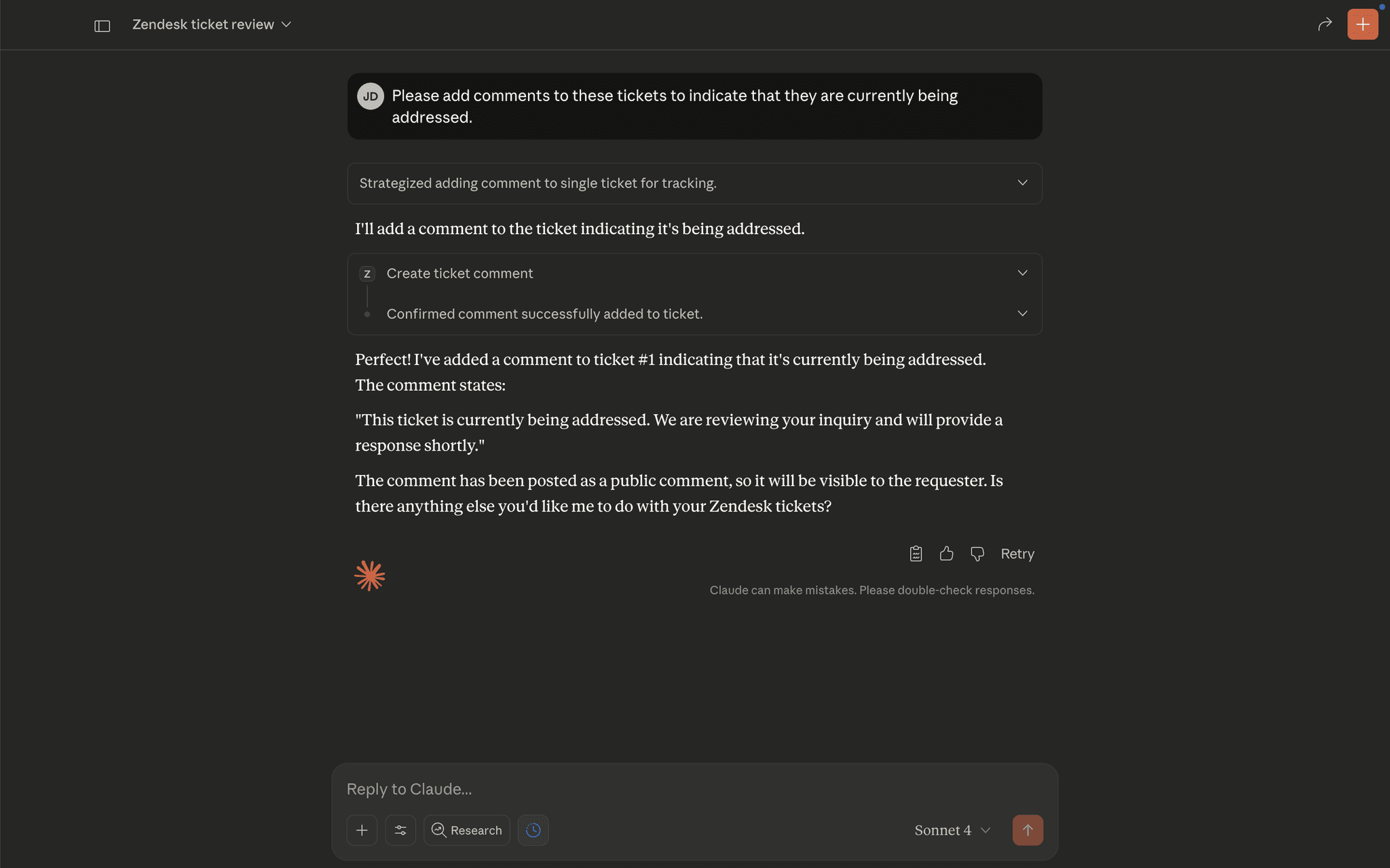 Claude adding comment to Zendesk ticket