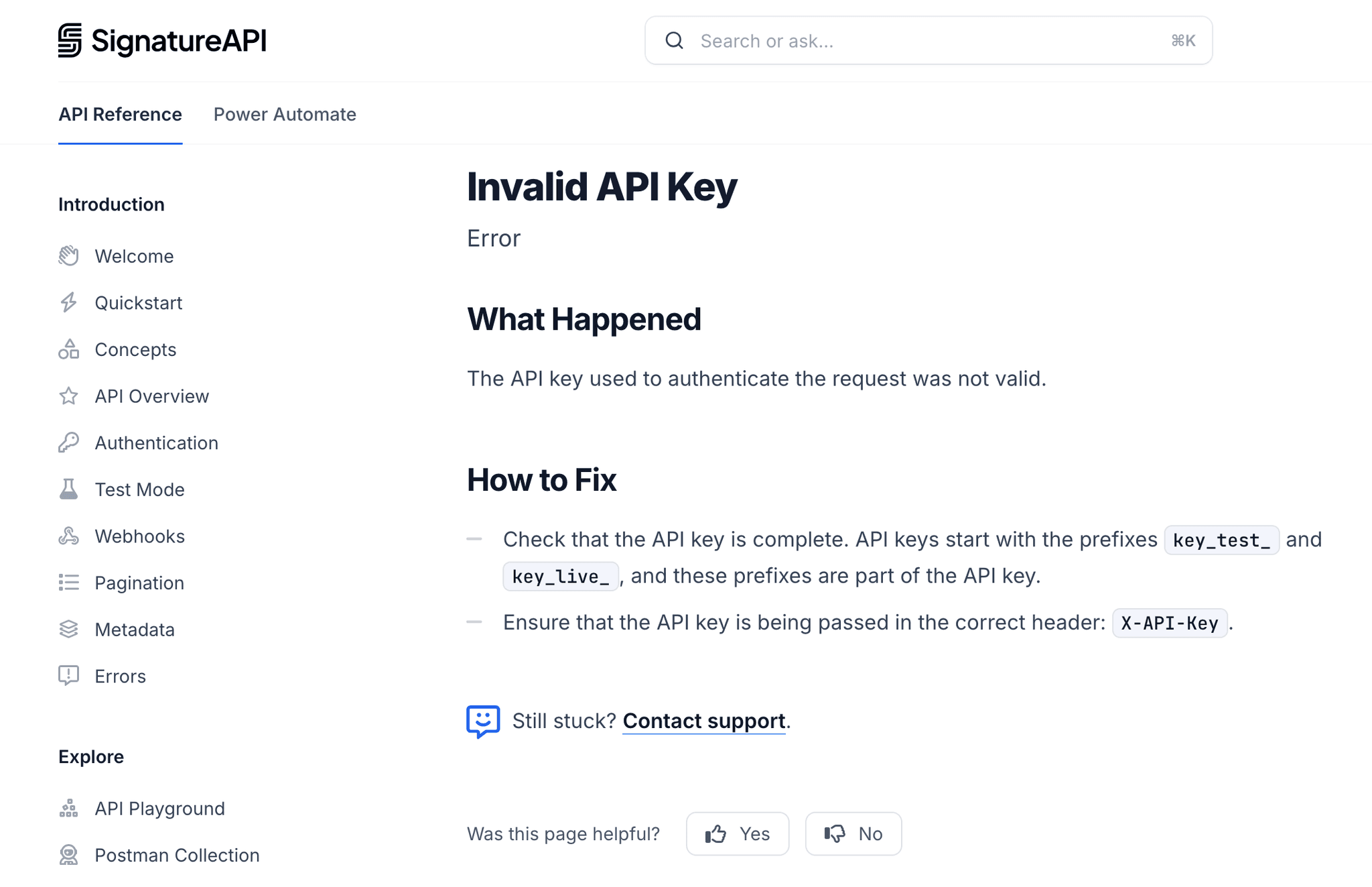API Documentation for the SignatureAPI, with an explanation of what the error is, what happened, and how to fix it
