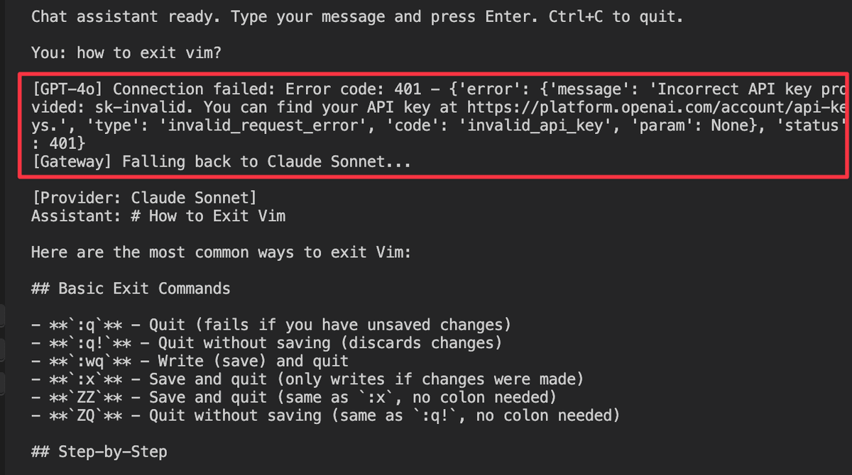 Terminal output showing the gateway catching an OpenAI failure and returning a successful response via the Claude Sonnet fallback.