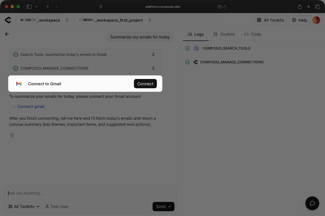Composio chat-based authentication flow with connection link