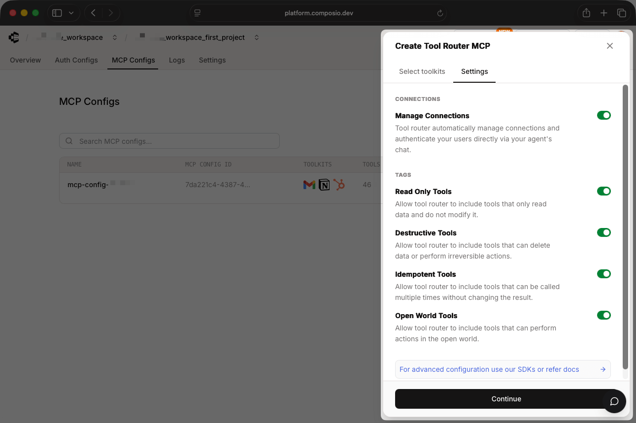 Composio toolkit selection with permission controls