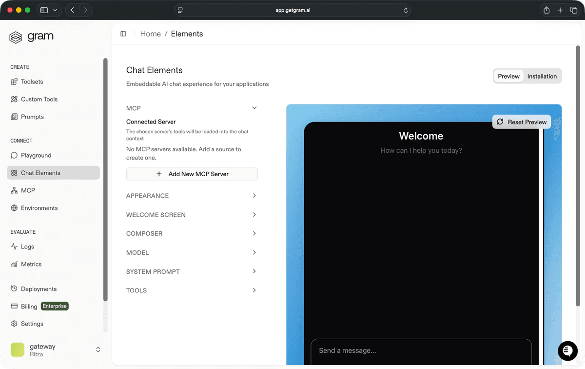 Gram chat experiences for embedding in applications