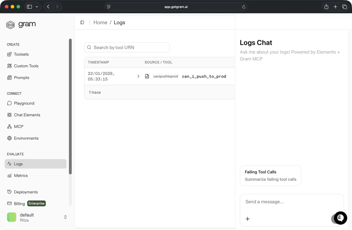 Gram logging interface showing real-time requests