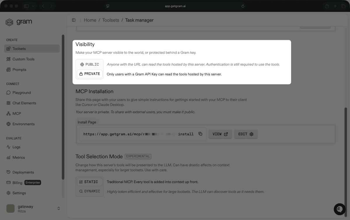 Gram visibility settings for private and public access modes