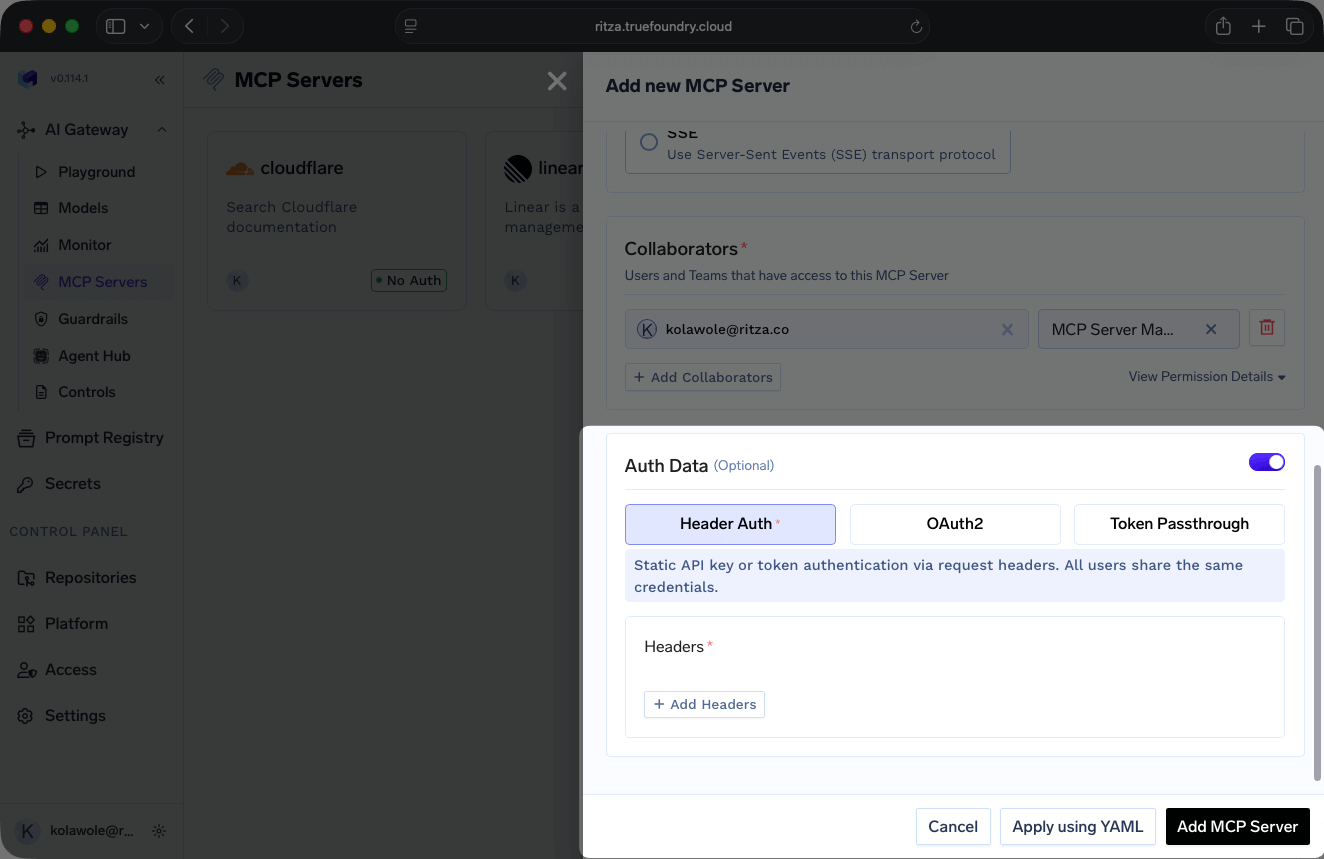 TrueFoundry remote server configuration interface