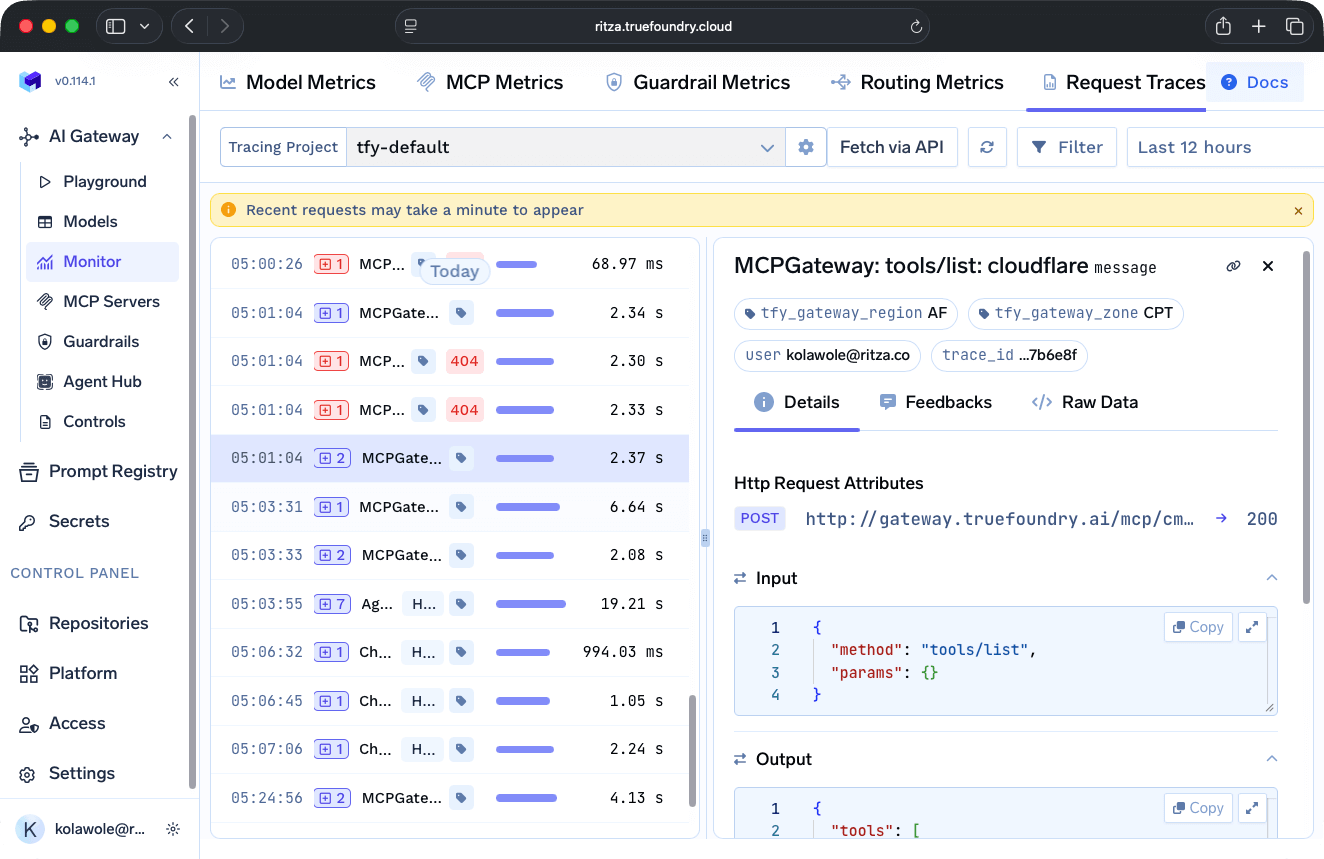 TrueFoundry request traces showing execution history