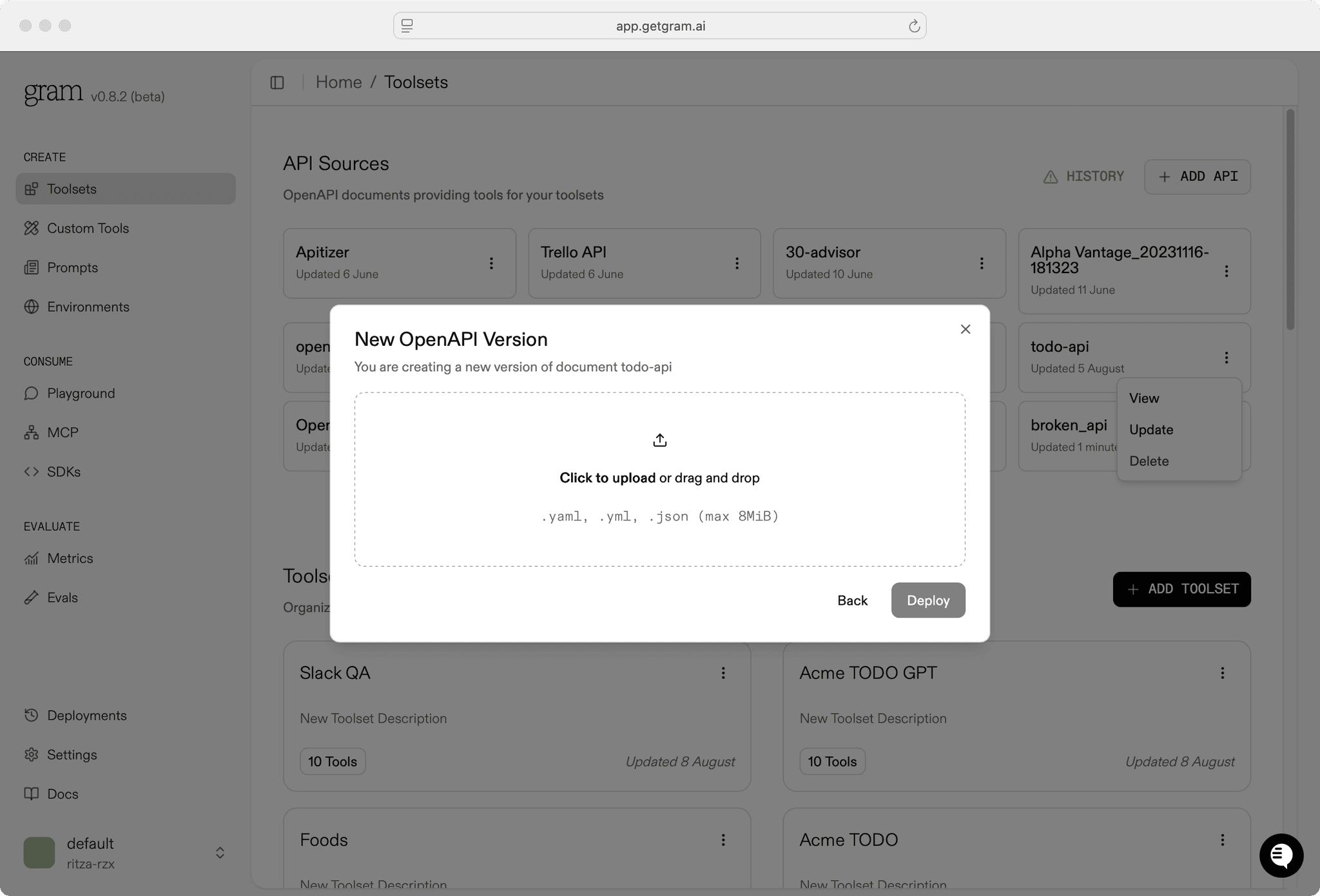 Screenshot of the Gram UI showing the API Source update process