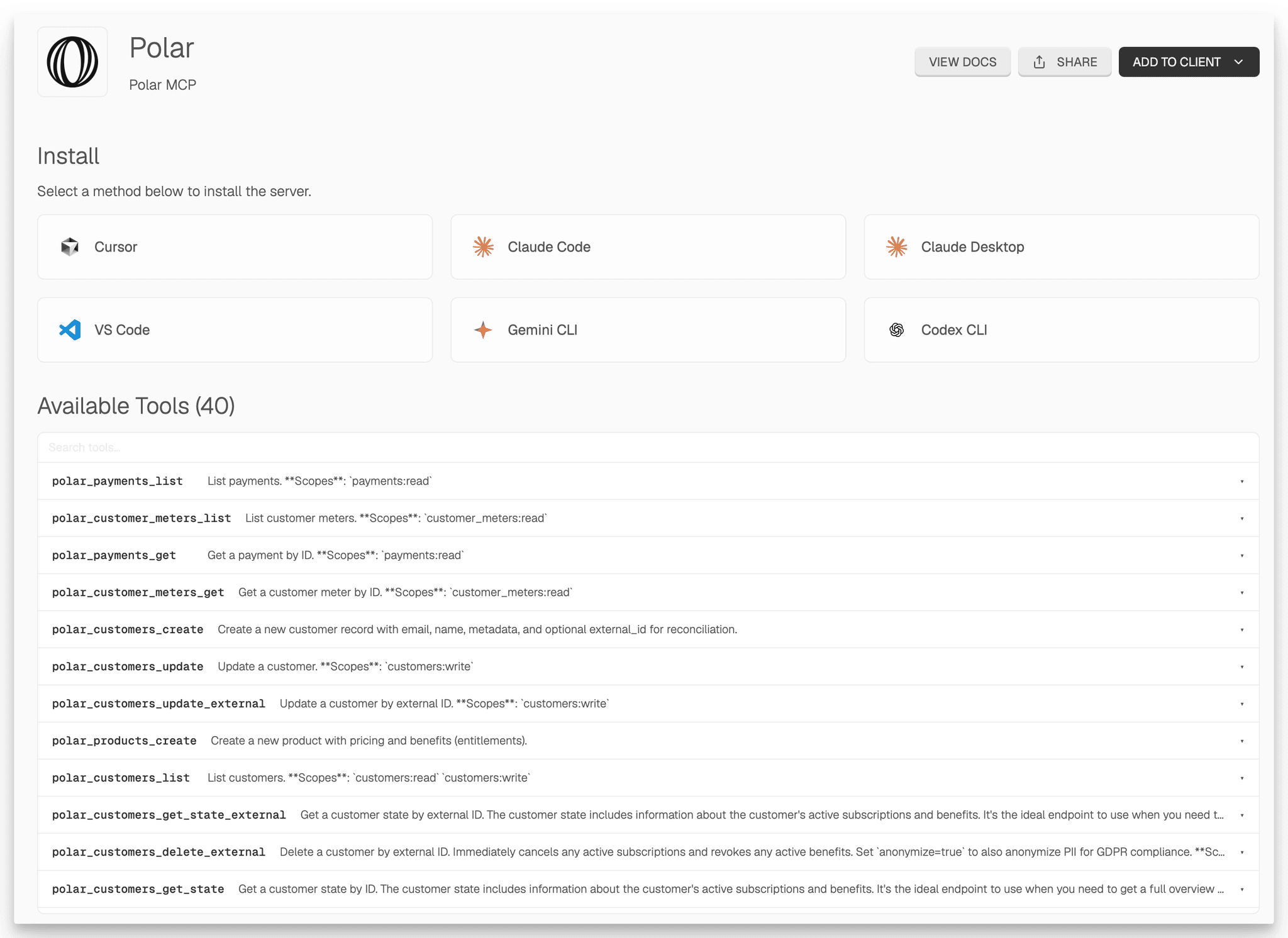 The Polar MCP install page, showing install buttons for Cursor, Claude Code, Claude Desktop, VS Code, Gemini CLI, and Codex CLI, alongside the full list of 40 available tools.