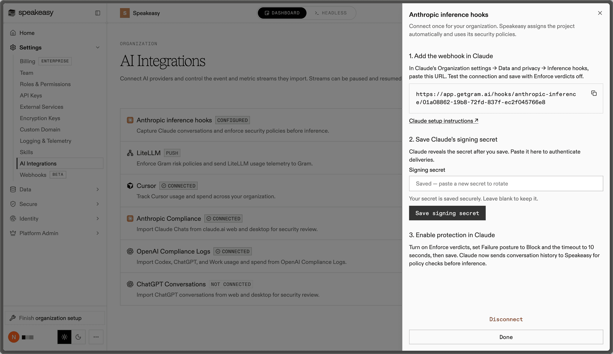 The Anthropic inference hooks panel in Speakeasy AI Integrations, with the webhook URL to paste into Claude, a field to save the signing secret Claude reveals, and instructions to turn on Enforce verdicts
