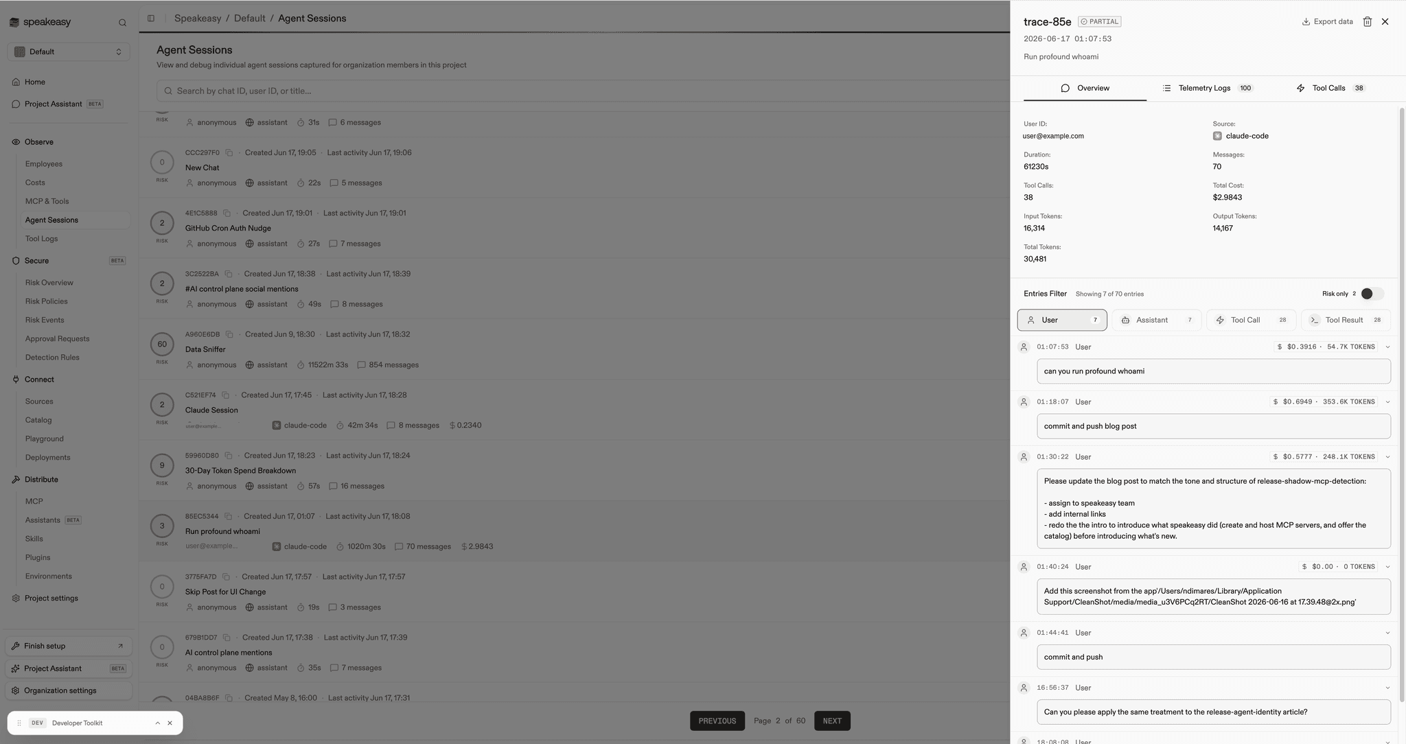 Agent session view in Speakeasy showing total cost and token usage for a Claude Code session, with per-turn user, assistant, tool call, and tool result entries carrying byte badges
