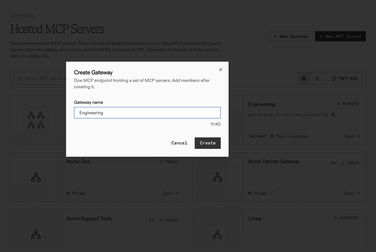 The Create Gateway dialog with a name filled in.