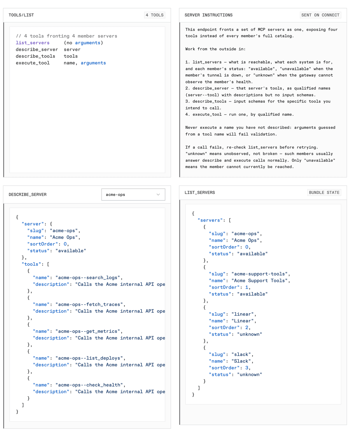 The Inspect tab: the four-tool list, the instructions sent on connect, the describe_server response for one member, and the live list_servers state.