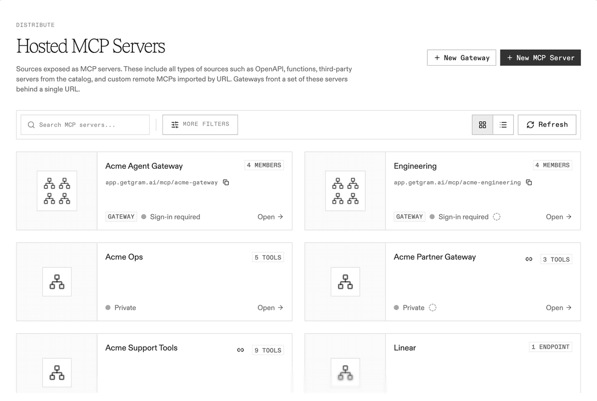 The MCP servers page in Speakeasy, showing two gateway endpoints alongside the individual servers they front.