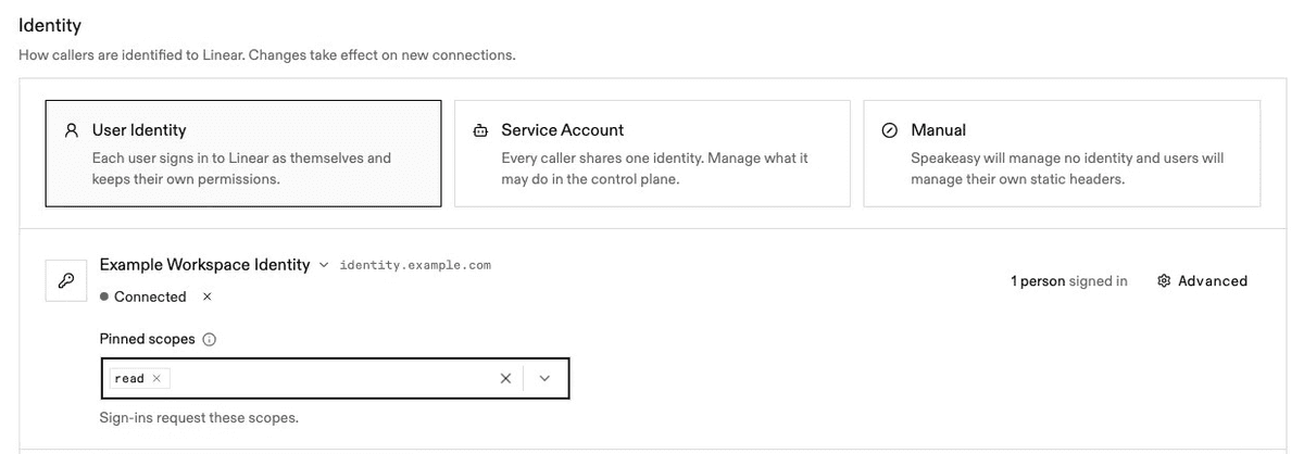 The Identity section of an MCP server's settings, with "read" set as a pinned scope and the note "Sign-ins request these scopes."