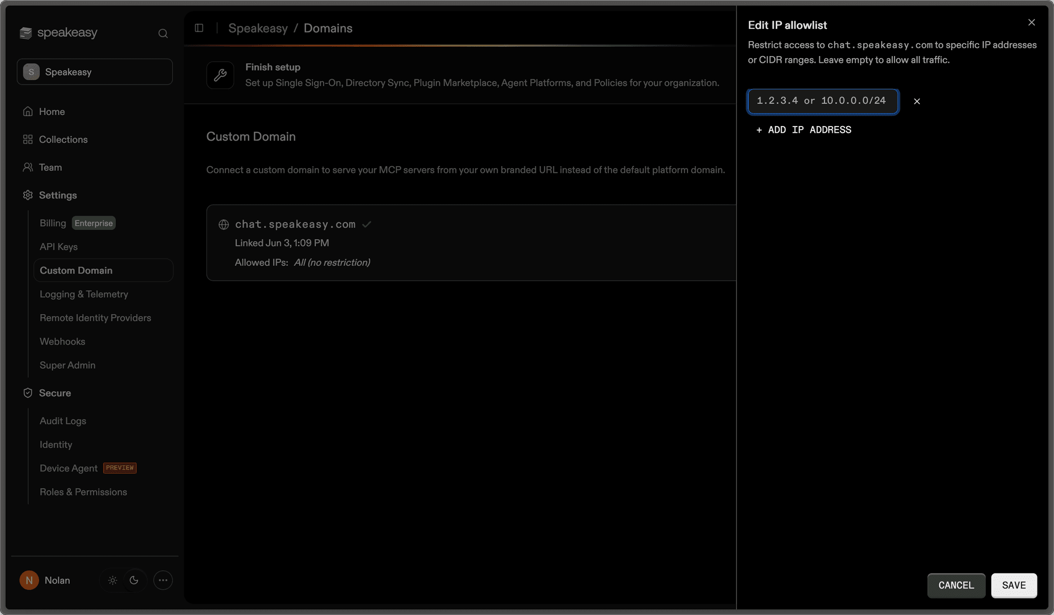 Editing the IP allowlist for a custom domain in Speakeasy's domain settings, restricting access to specific IP addresses or CIDR ranges.
