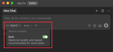 Screenshot of Cursor AI's auto mode feature showing intelligent model selection based on query complexity and context requirements