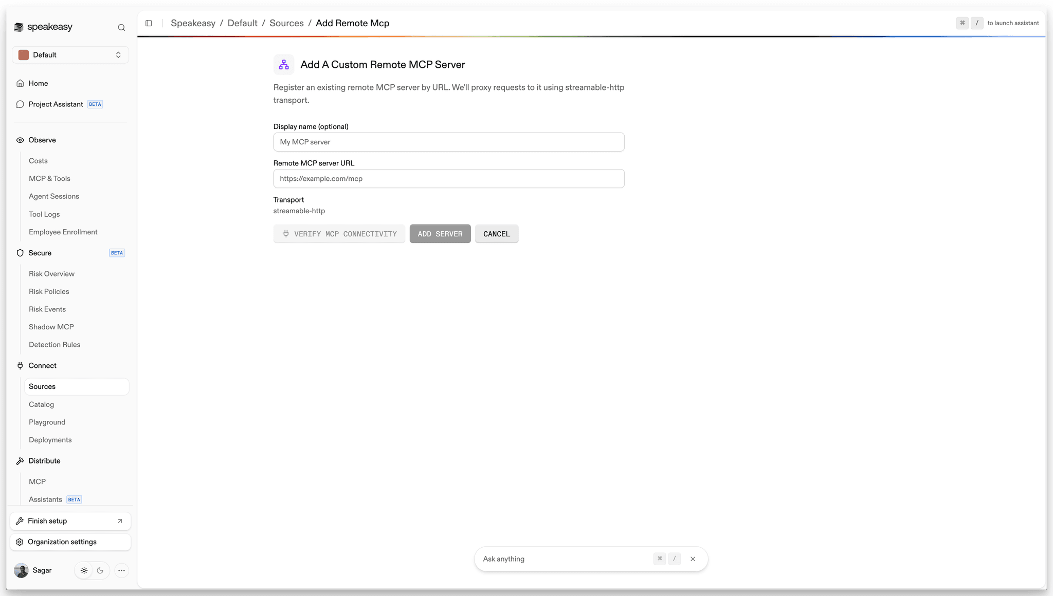The Add a custom remote MCP server form, with fields for a display name and the remote MCP server URL, the streamable-http transport, and buttons to verify MCP connectivity and add the server