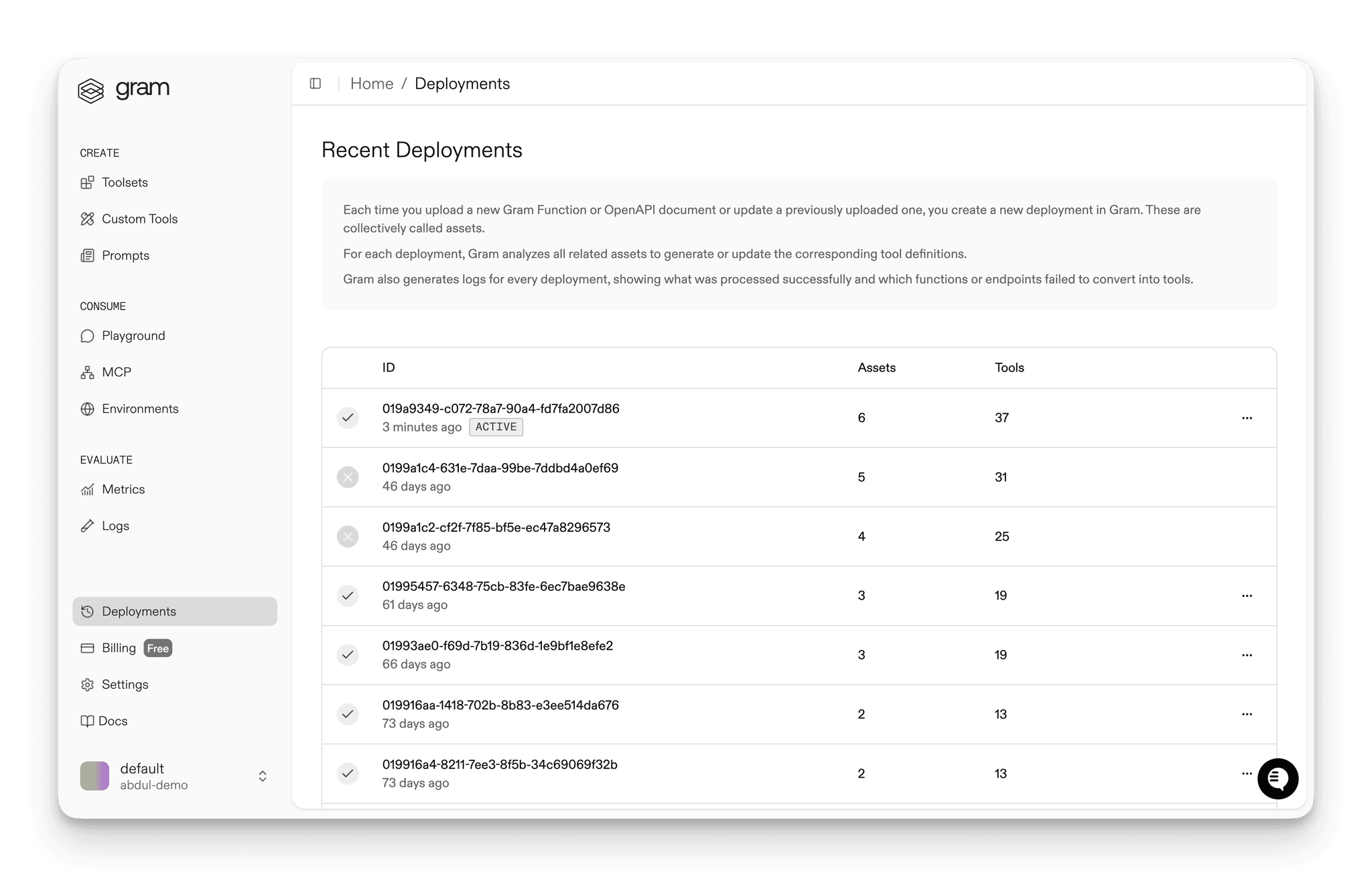 Deployments page
