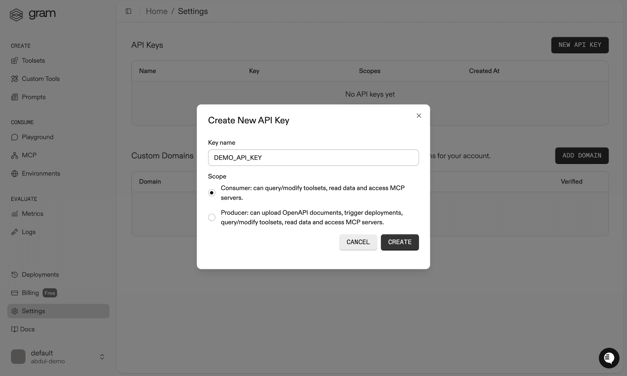 Creating an API key