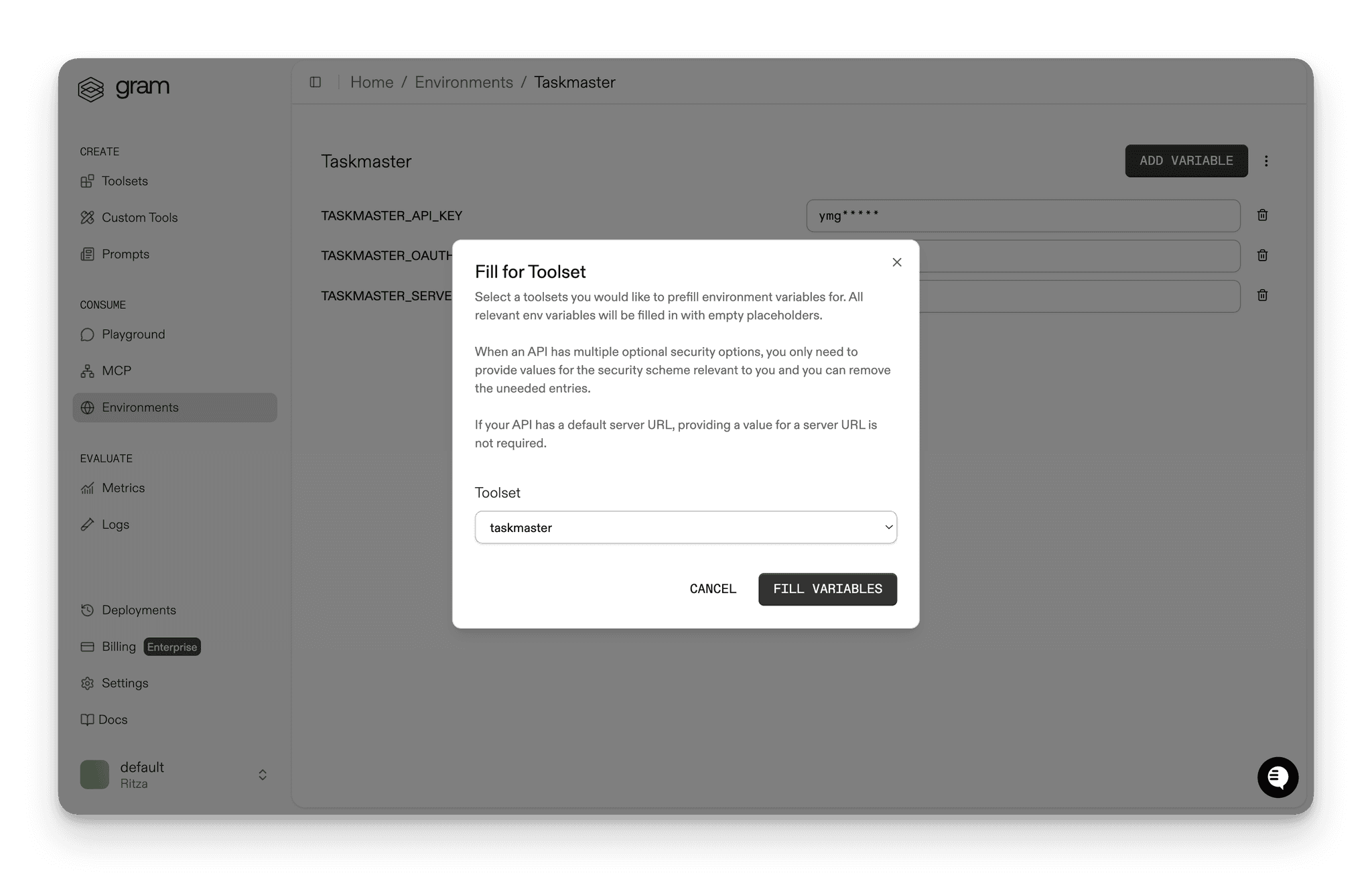 Attaching an environment to a toolset
