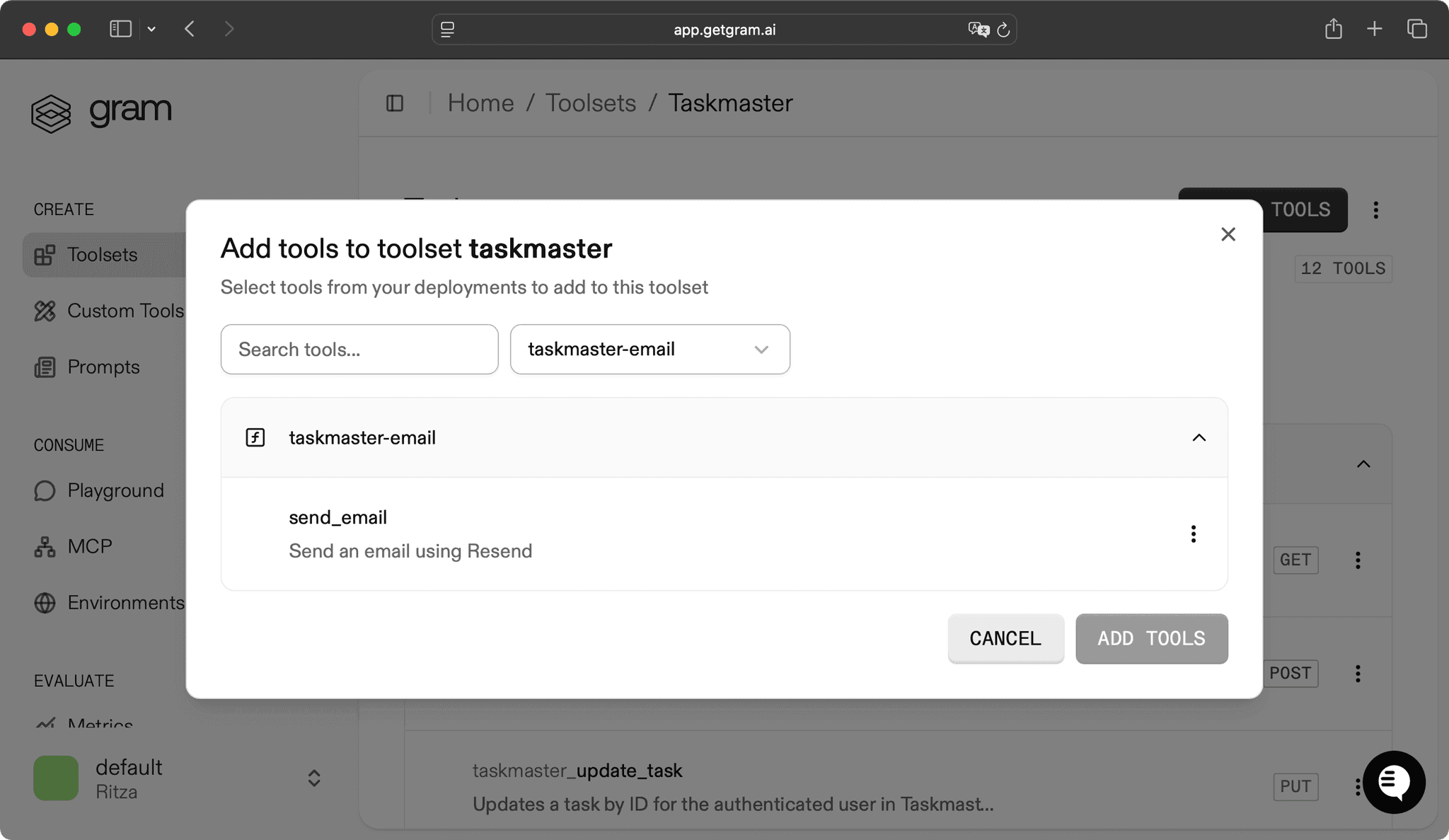 Screenshot showing the Add Tool dialog with the send_email function selected