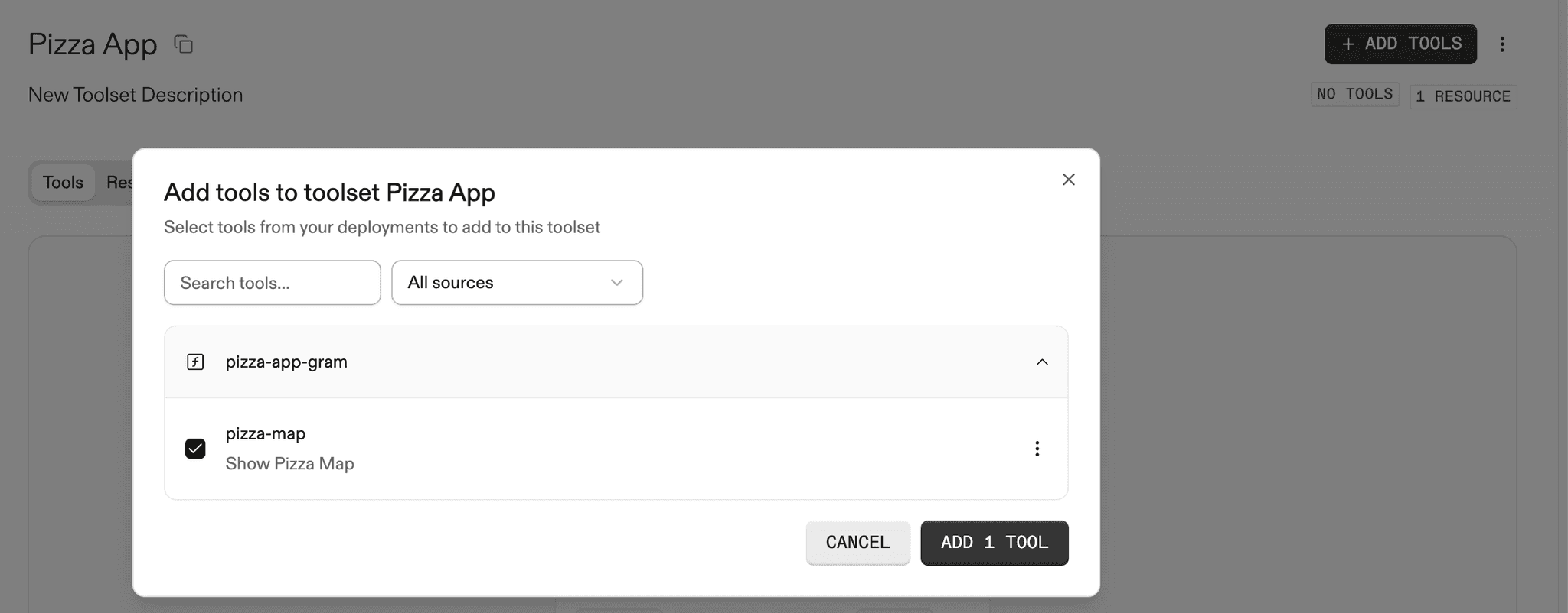 Adding the Pizza App tool to the toolset