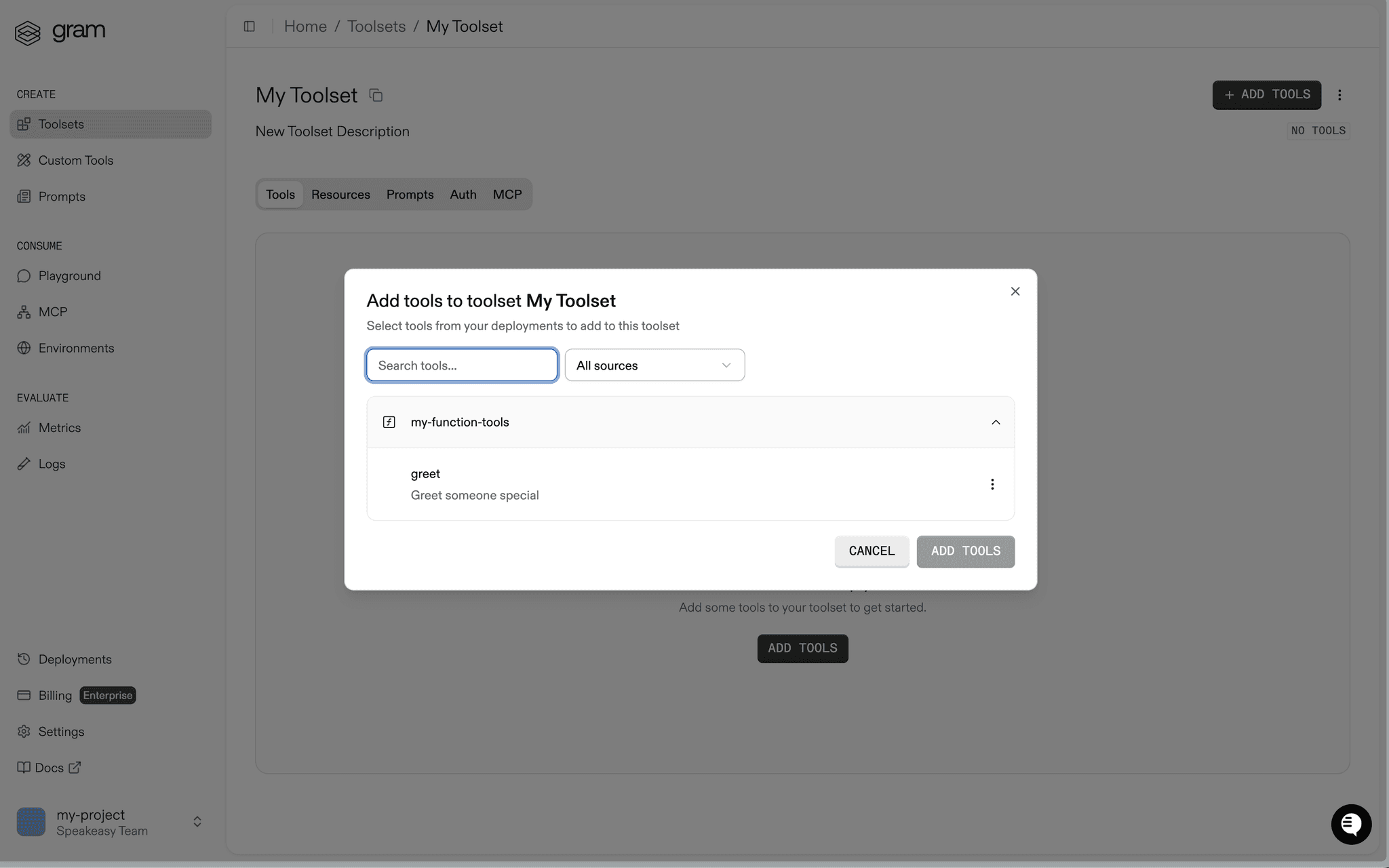 Gram Dashboard, showing the add tools dialog